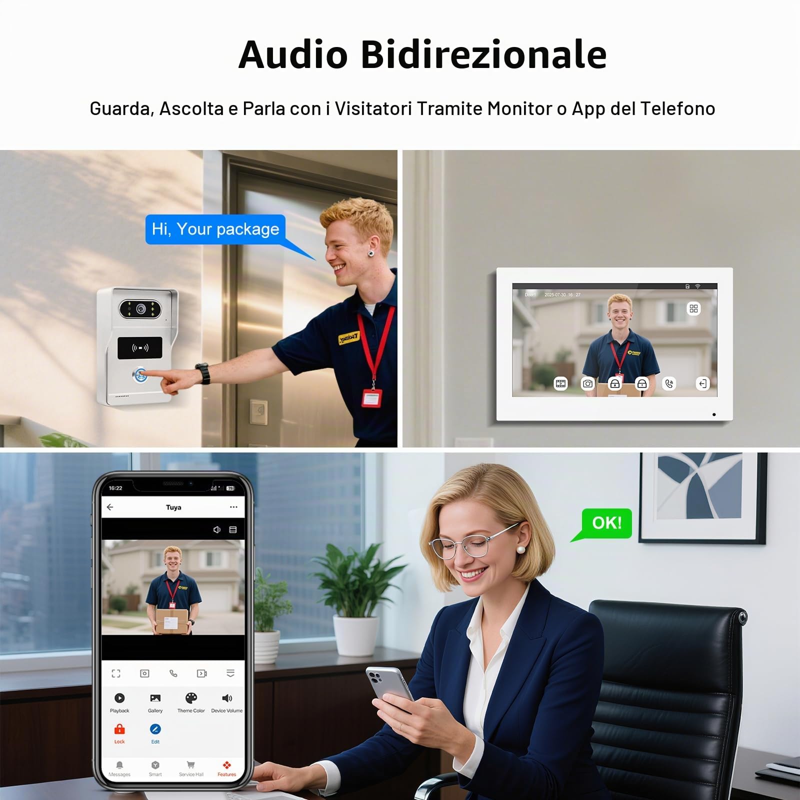 Videocitofono WiFi 2 Fili Smart Tuya, 1080P HD Video Citofono con Telecamera, 7 Pollici Touch Monitor, Fotocamera Visione Notturna IR, Registrazione, Sblocco RFID Carta/APP, IP65