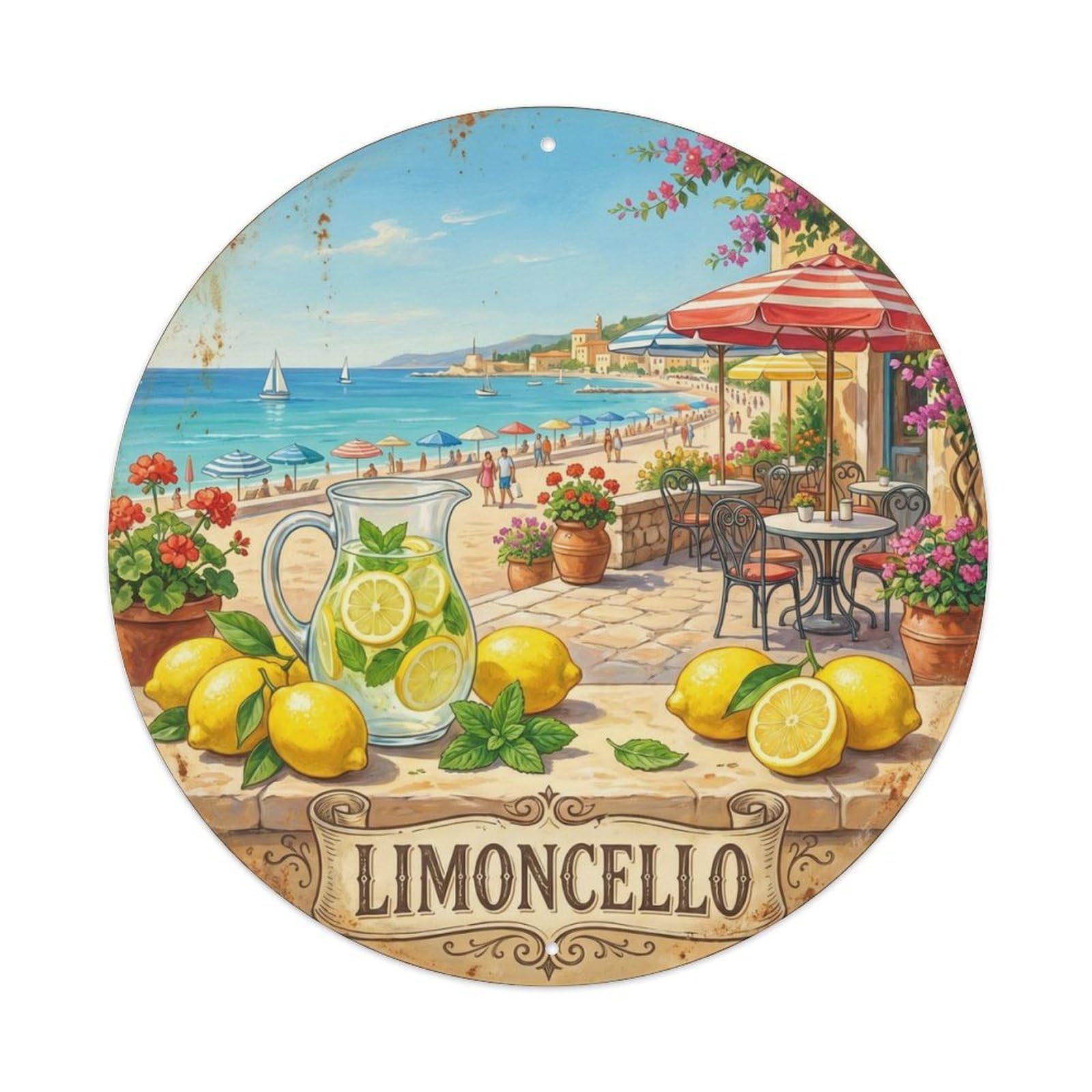 Fqcyn Style Fresh Limoncello Seaside Metal Tin Sign Plaque Wall Decor For Cafe, Club Bar, Office, Home Garden Round Metal Poster 8X8inch