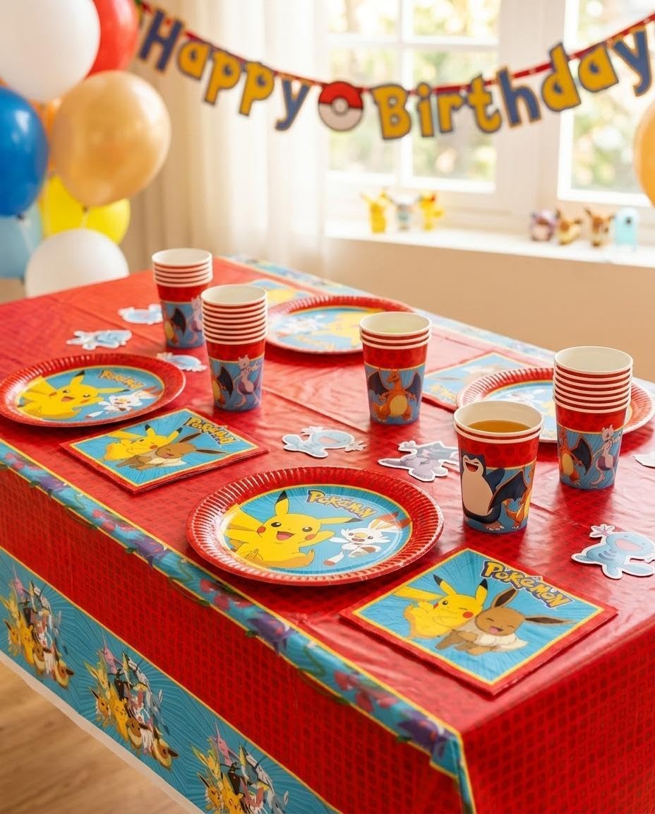 Kit Compleanno Pokemon per 24 Persone - Set Festa (24 Piatti, 24 Bicchieri, 40 Tovaglioli, 8 Palloncini, 1 Tovaglia, Festone, Bandierine) - Addobbi Tema Pokemon per Bambini