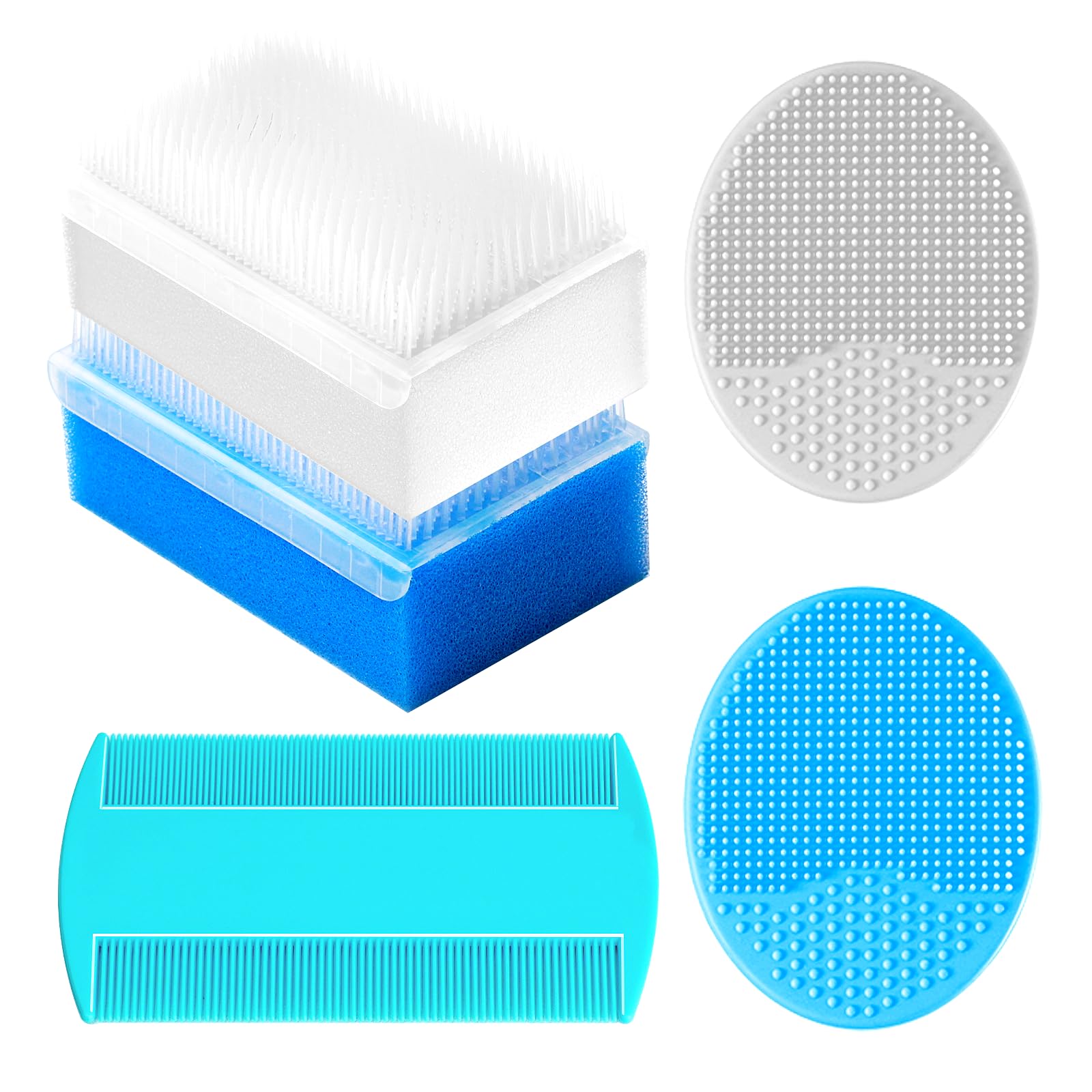Cradle Cap Brush for Babies, Baby Bath Essentials with Silicone Scrubber Bath Sponge Dual-Sided Comb for Newborns Toddlers Boys Girls (Blue,Set of 5)