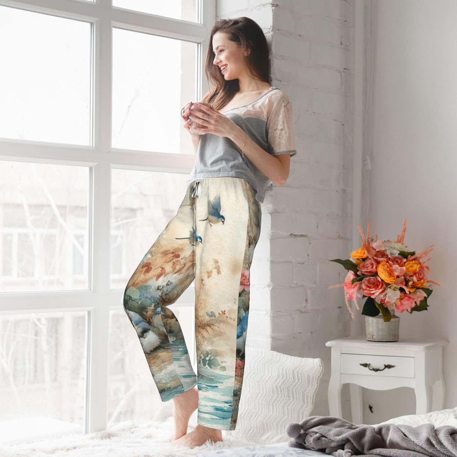 Women'S Birds-Flowers-Watercolor Fleece Pajama Pants, Cozy Flannel Lounge Bottoms For Women