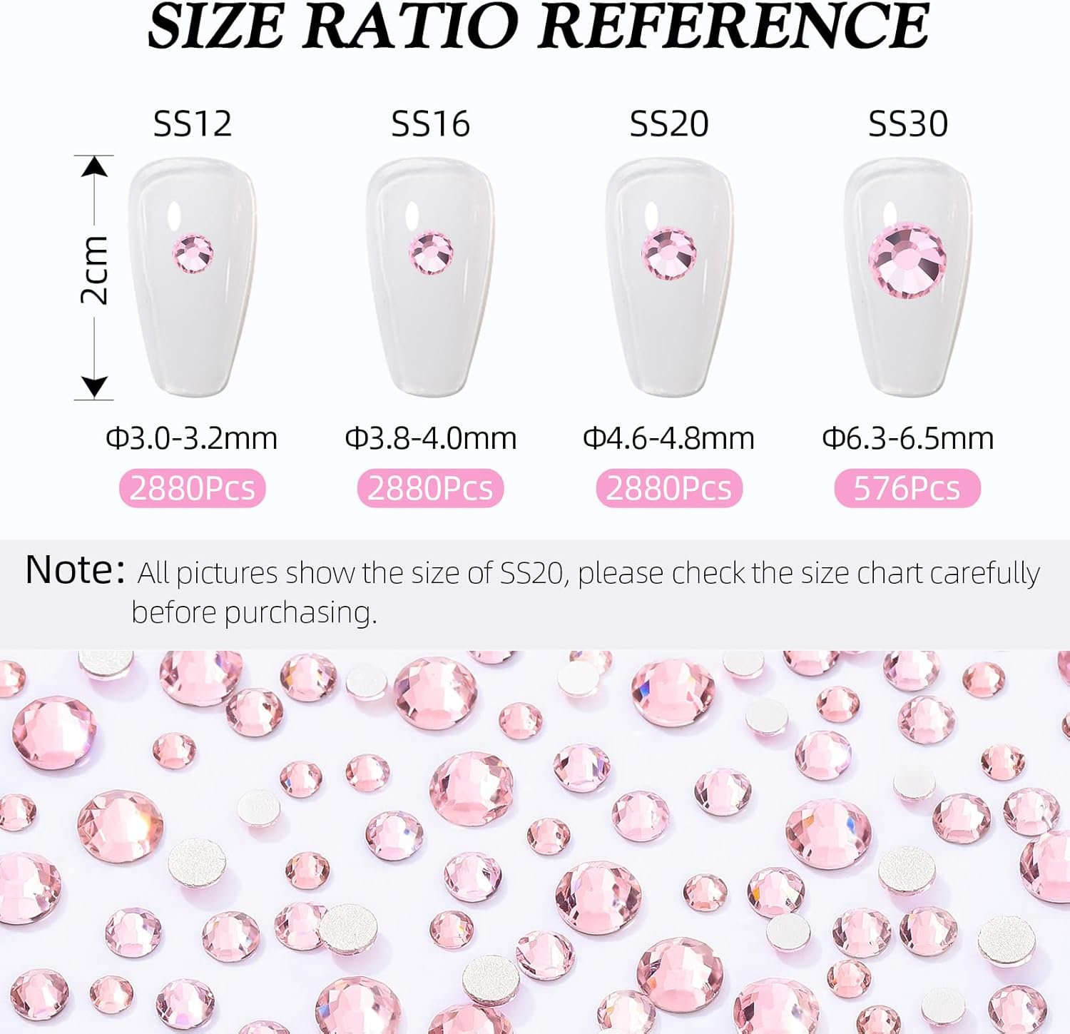 Pink Flatback Rhinestones, Glass Rhinestones for Nail Art and Craft, Glue Fix, Loose Crystal Gemstones(Pink, SS20, 2880pcs, 4.6-4.8mm)