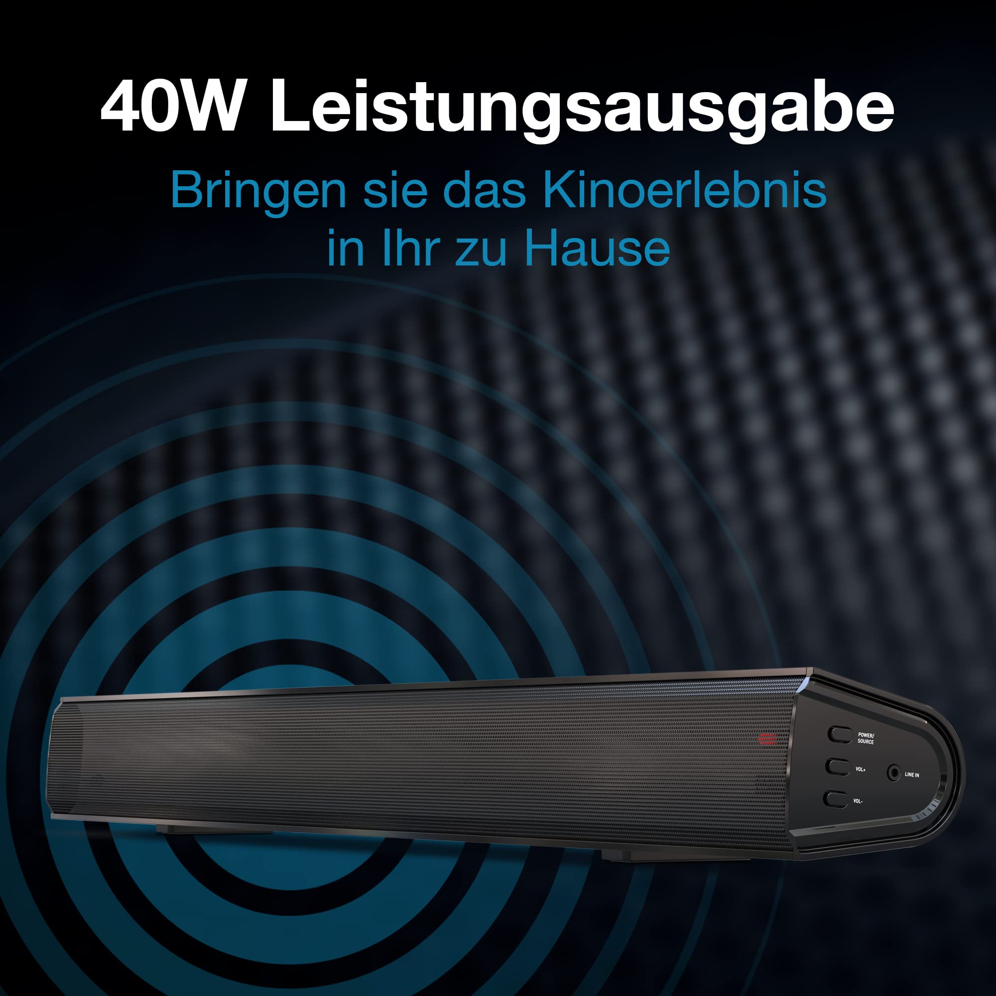 Cello YWS15M-DE TV soundbar 2 x 10 W + 20 W = 40 W kabel Bluetooth 12 V do telewizorów kempingowych, zasilacz czarny