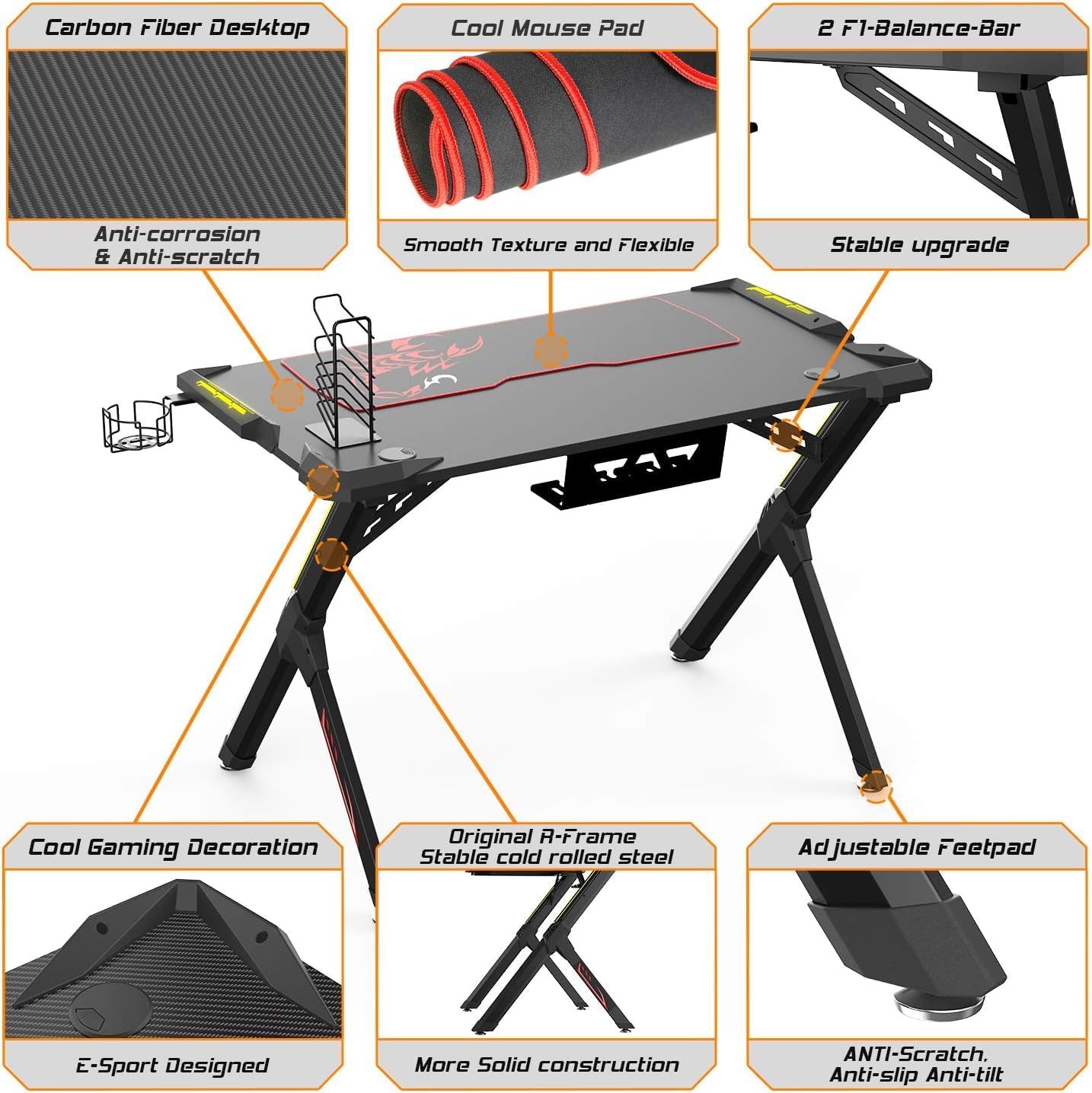 Exploded view of EUREKA ERGONOMIC Gaming Desk components and features.