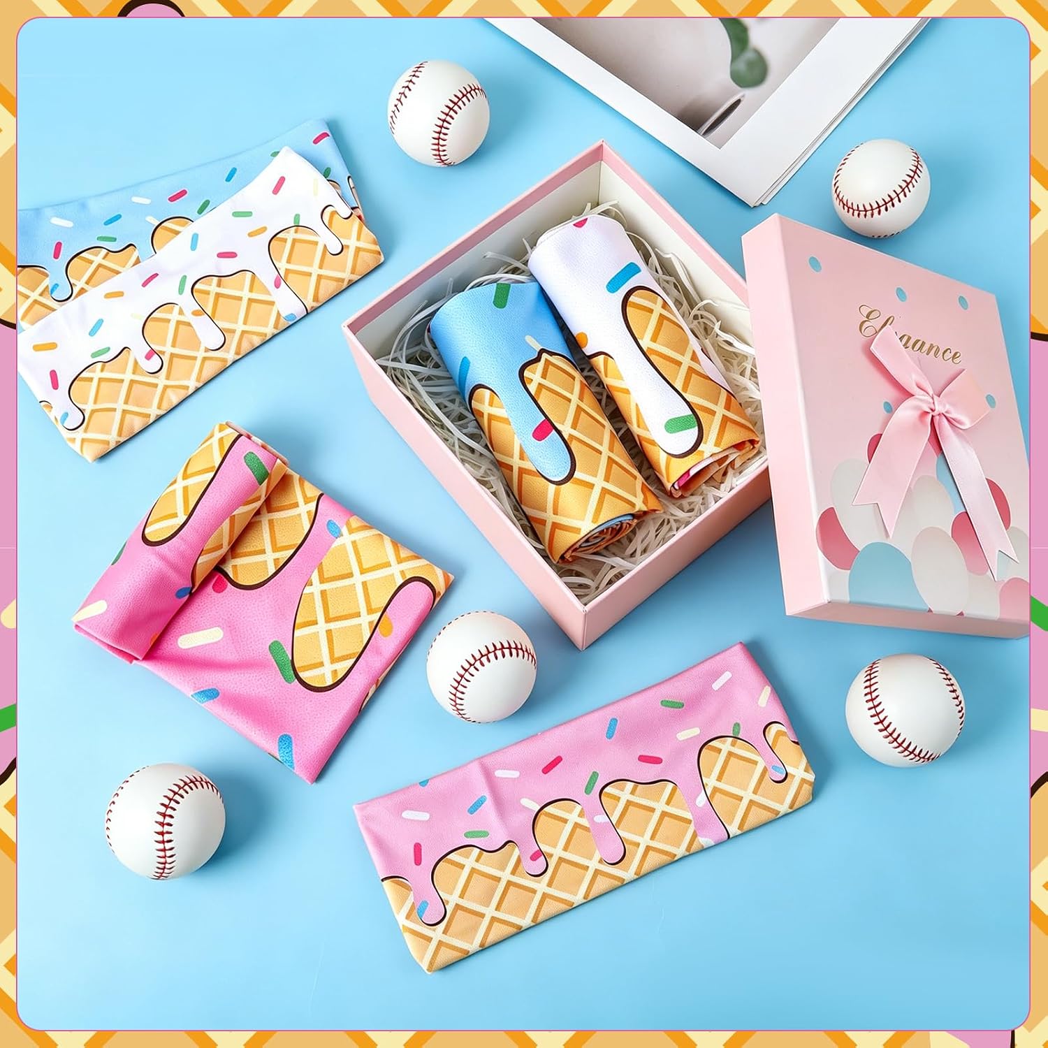 3 Set/6 Pcs Ice Cream Baseball Headbands and Baseball Drip Cooling Towels Sports Elastic Sweatbands for Youth Teen Adult Athletes Coach Team Appreciation Gifts Sport Party Favors