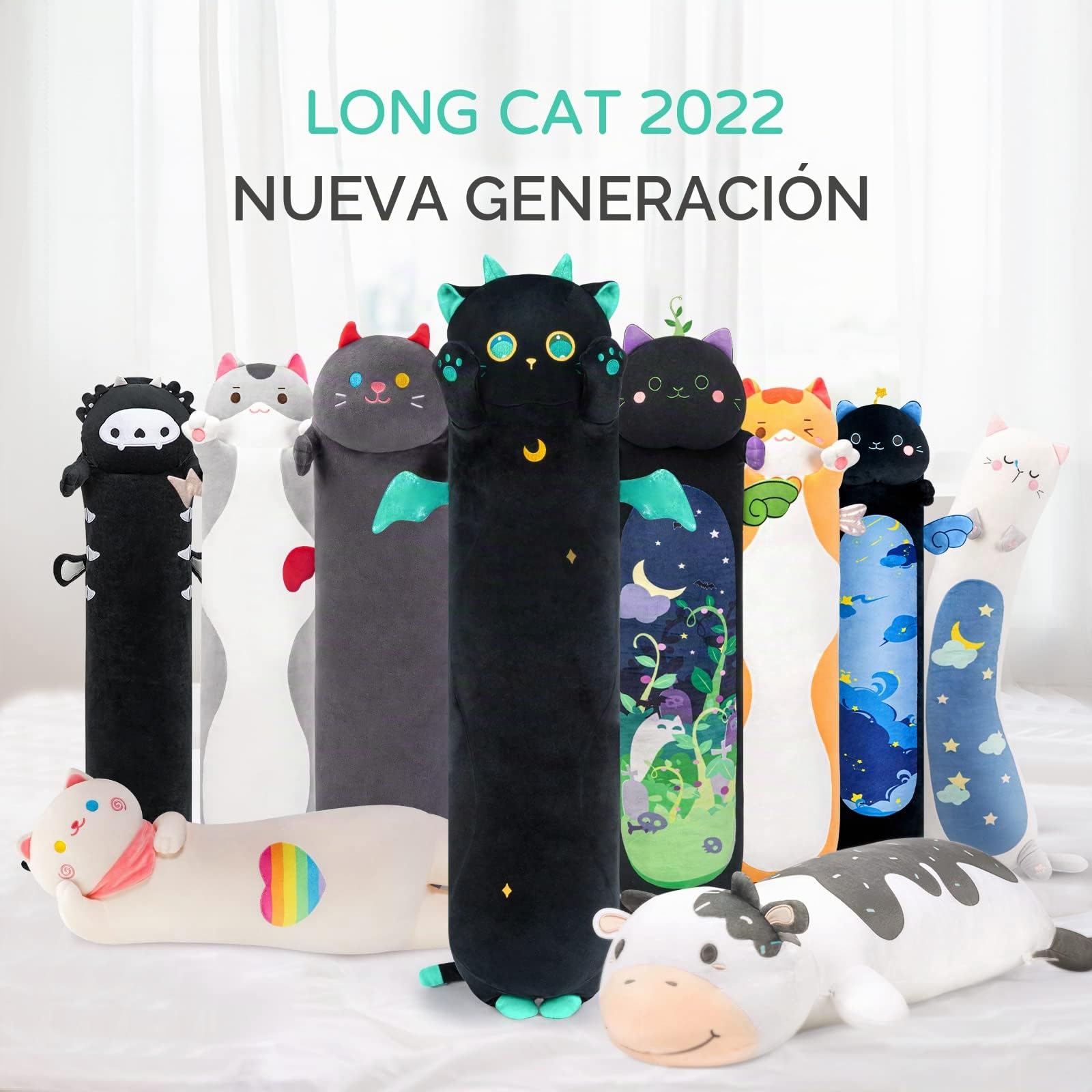 Mewaii Stofftiere Katzen Schwarze 130CM Plüsch Kissen Lang Kätzchen mit Großen Augen Plüschtier Ausgestopftes Tier Spielzeug Kuschelkissen Geschenk Plüschkissen
