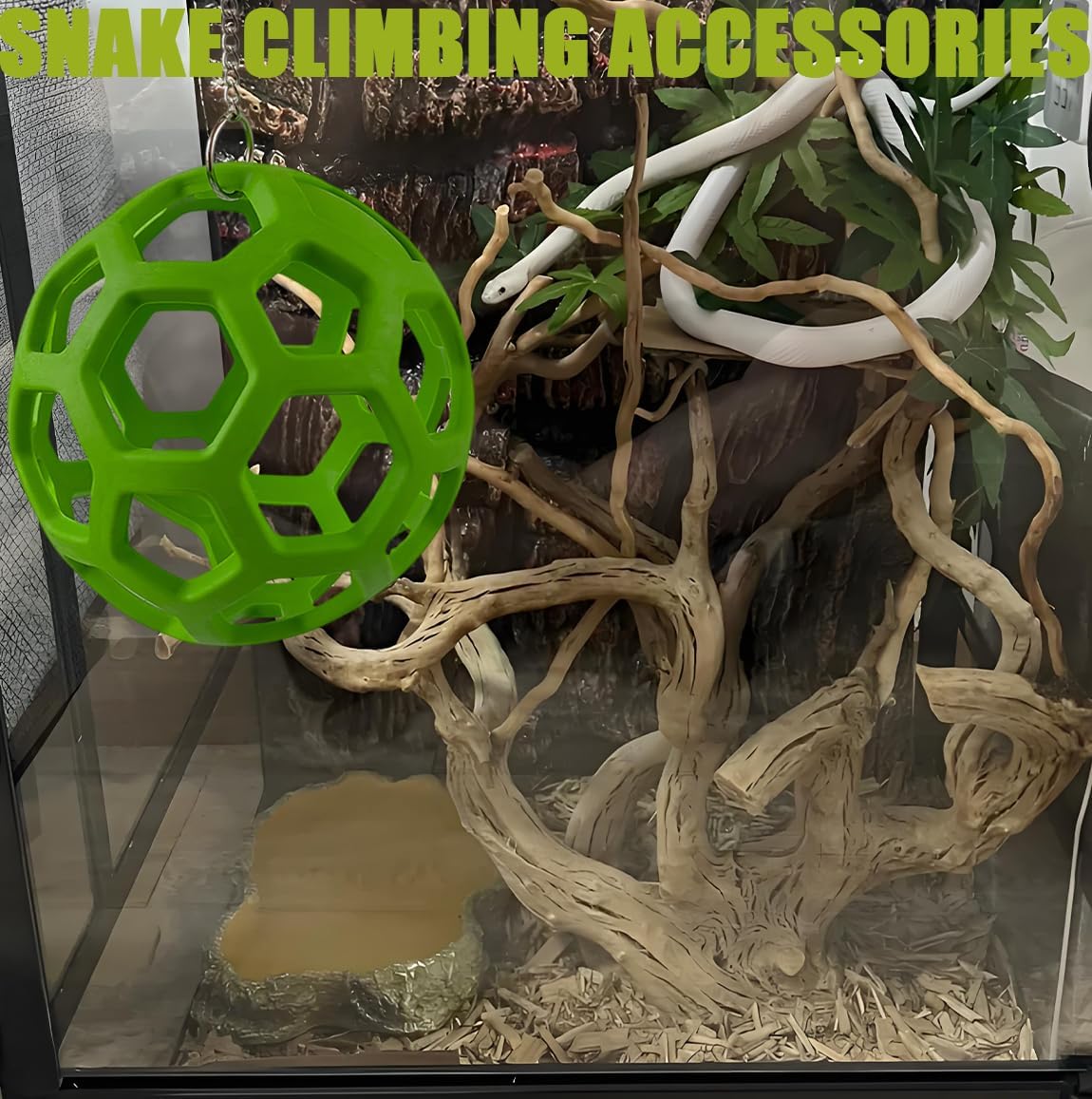 Snake Enrichment Climbing Toys, 2 Natural Hemp Rope Ladder & 1 Hanging Green Ball with Chain, Pet Habitat Accessories for Snakes Lizards Geckos, Easy Install with Suction Cups & Carabiners image 4