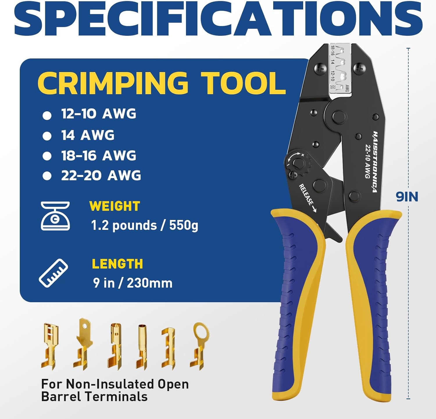 Haisstronica Crimping Tool for Non-Insulated Open Barrel Terminals Receptacles,AWG 22-10 Ratchet Wire Crimper Tool,Wire Terminal Crimper HS-5327