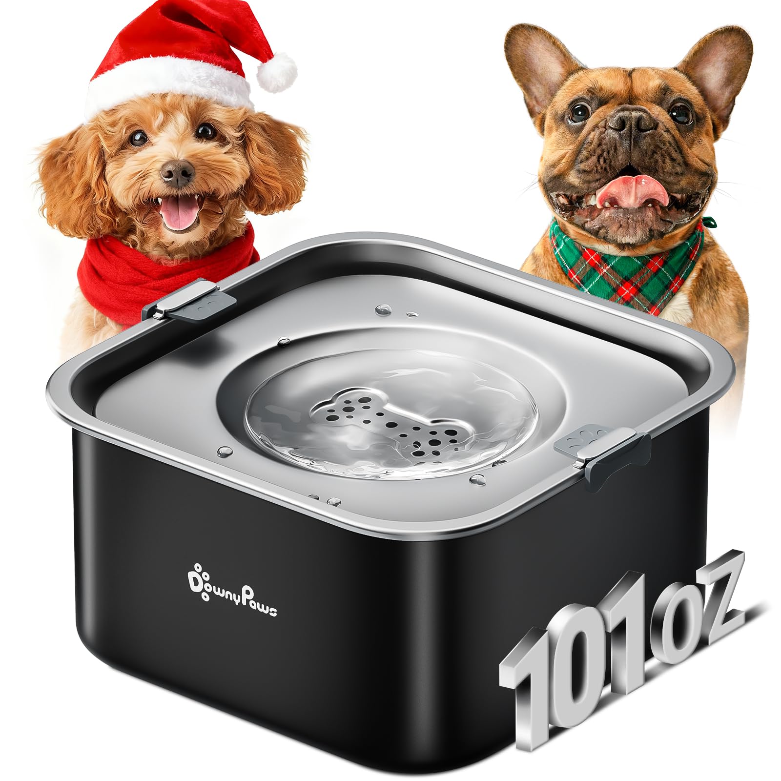 DownyPaws No Spill Dog Water Bowl,101oz/3L Stainless Steel Dog Water Dishes, No Drip Slow Drinking Slobber Stopper, No Mess Dog Water Dispenser Spill Proof, Dishwasher Safe, Black