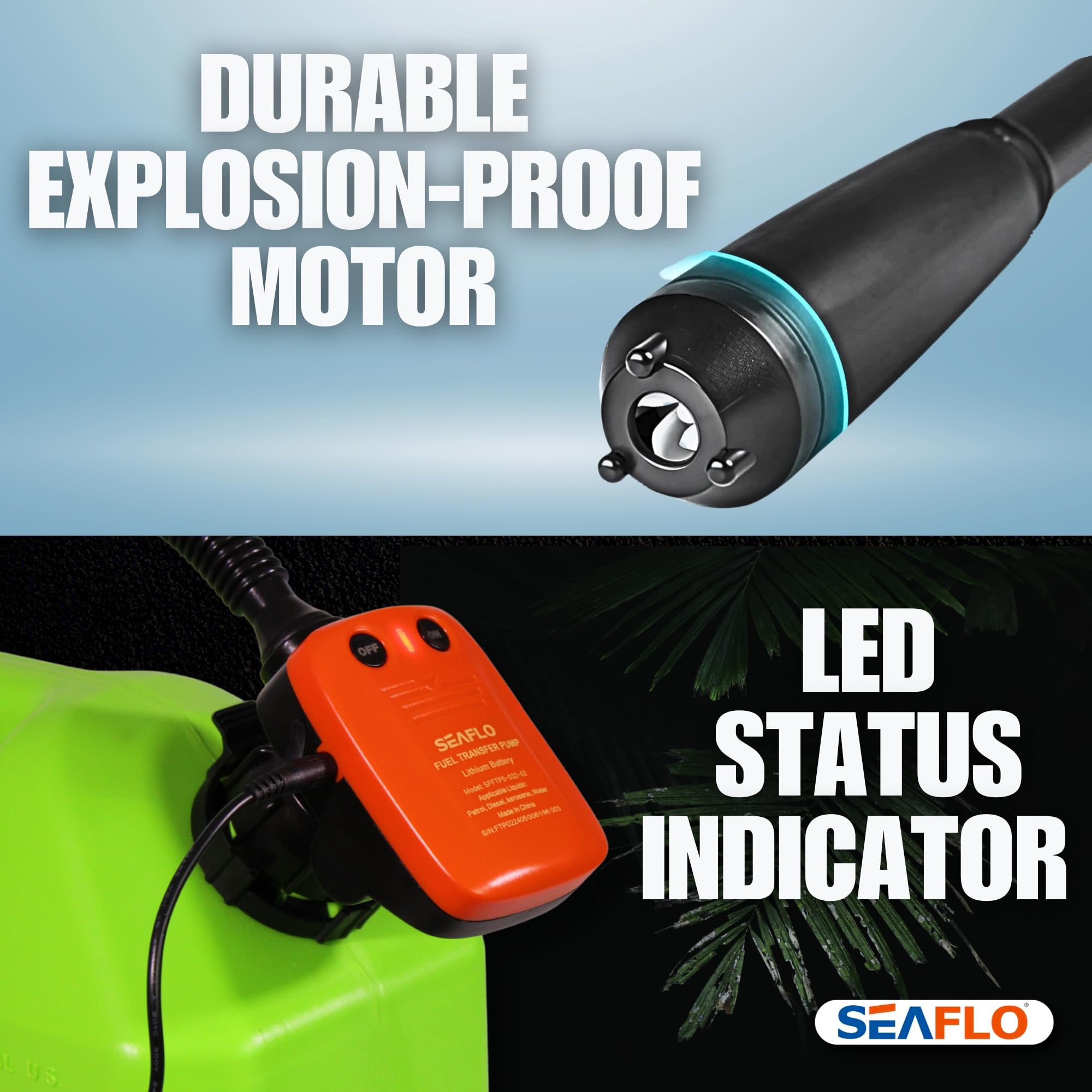 SEAFLO Pompe de transfert de pompe à carburant électrique automatique rechargeable (débit 2,3 GPM - 3,1 GPM) avec tuyau d'aspiration longueur (465 mm) et tuyau d'évacuation flexible Longueur : 1050 mm