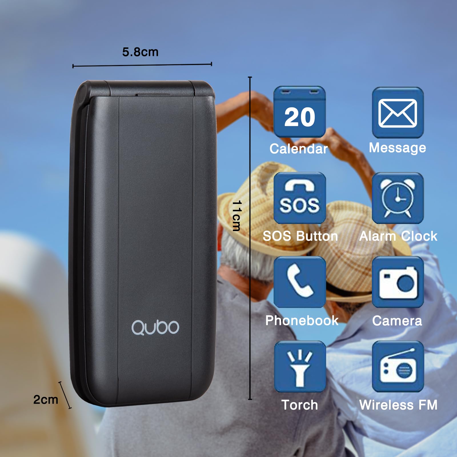 Qubo Flip Telefono per anziani GSM, Cellulare per anziani, Display da 2,4'', Volume alto,Funzione SOS, Supporto Dual SIM,Chiamata rapida, Radio FM, Torcia elettrica,Nero