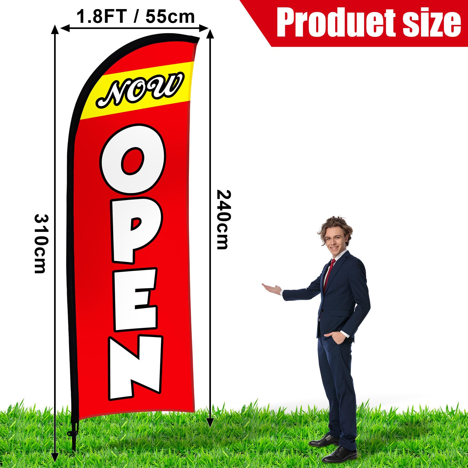 Buryeah Cartel de bandera abierta de 11 pies para publicidad de negocios, letrero de bandera de plumas con poste de bandera, estaca de suelo, bolsa portátil, letreros de apertura de bolsa para