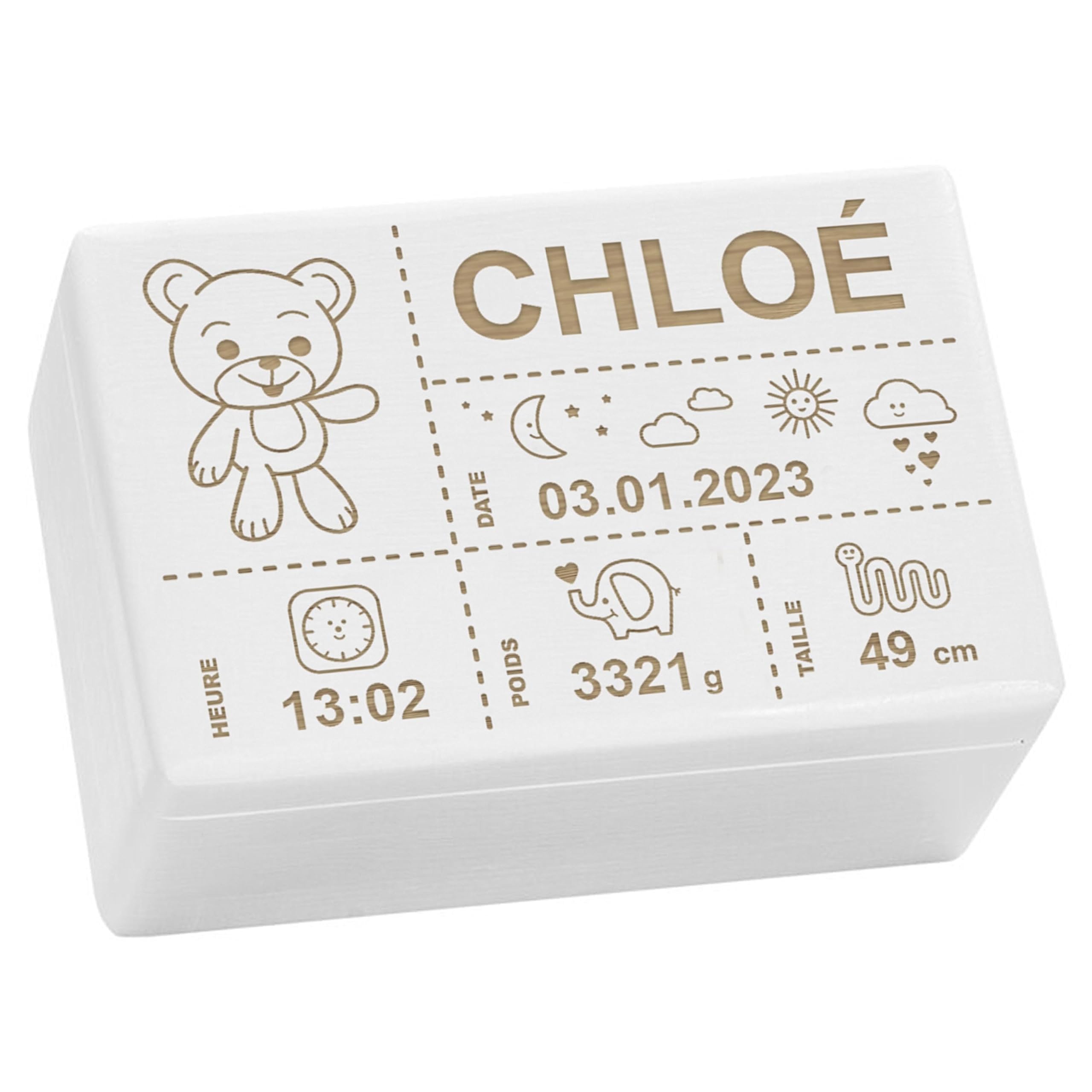LAUBLUST Boîte à souvenir bébé - Ours en peluche - Cadeau naissance personnalisable | Taille M, env. 30x20x14cm, Blanc - Boîte décorative en bois avec couvercle, FSC®