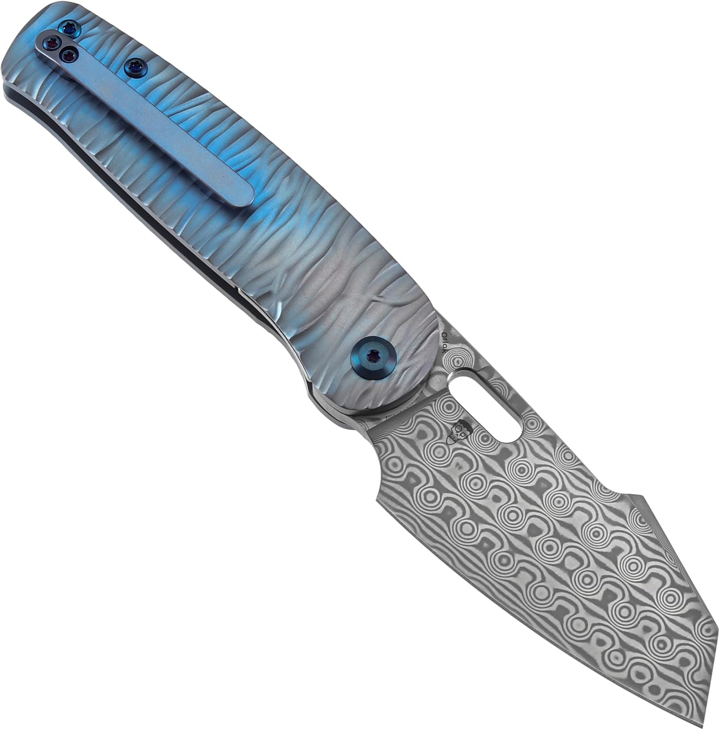 KANSEPT Orlok Pocket Knife, 3'' Damascus Blade with Thumb Hole, Blue Titanium & Rock Texture Handle & Flipper, Nested Liner Lock & Double Sided Clip for EDC Camping Folding Knives K2111A5
