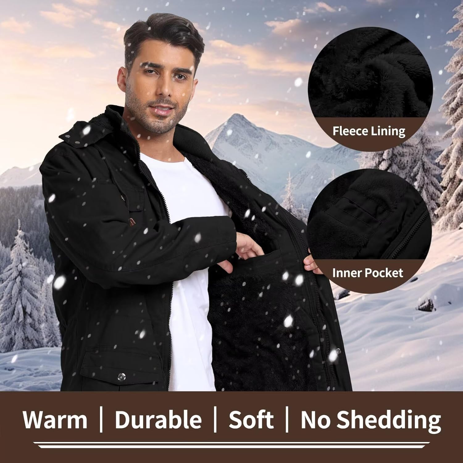 Men's Thick Winter Jackets Fleece Lined Thick Jackets Hood Work Jackets Coat Cotton Military with Cargo Pockets - Image 4