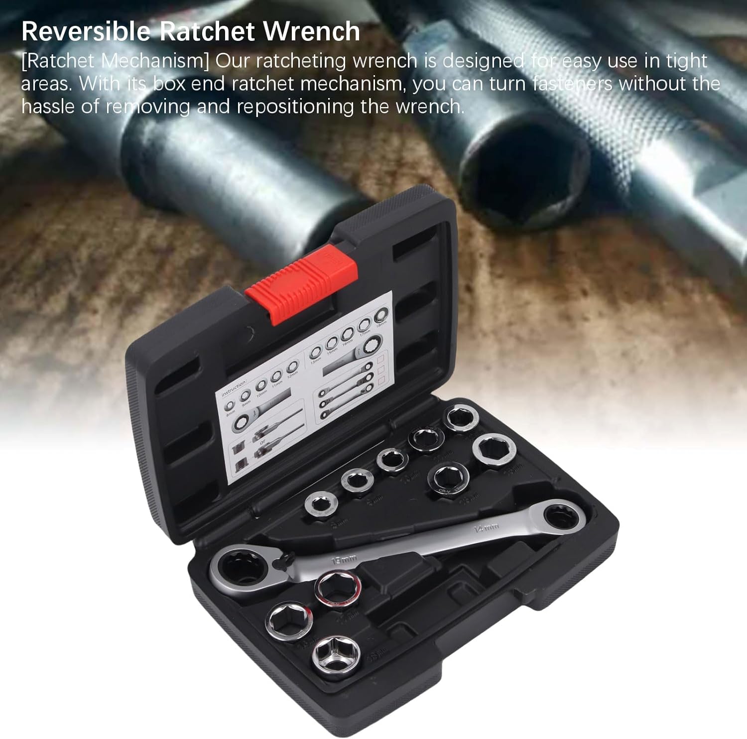 Luocute Ratchet Wrench, 14-19mm 72 Tooth 12 Point Double Box End Reversible Ratcheting Box Wrench Set with 10 Replacement Heads, Suitable for Industrial and Automotive Repair