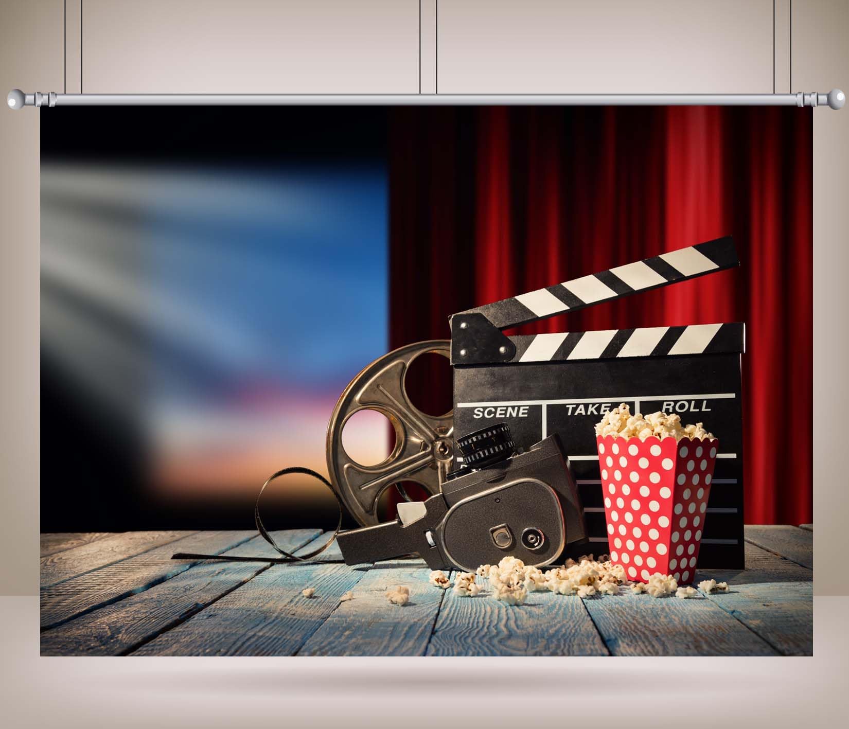 3.5x3m Sfondo di film retrò Vecchia cinepresa su sfondo di tavola di legno Sfondo di serata cinema Sfondo di proiettore cinematografico in stile antico Decorazione per feste