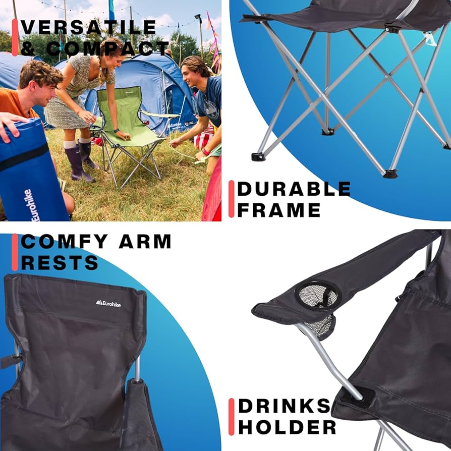 Eurohike Peak Folding Chair With Drinks Holder & Arm Rests For Adults & Kids, Lightweight, Portable, Compact, Ideal For Camping, Festivals, Picnics, Beach & Outdoor Events (Blue