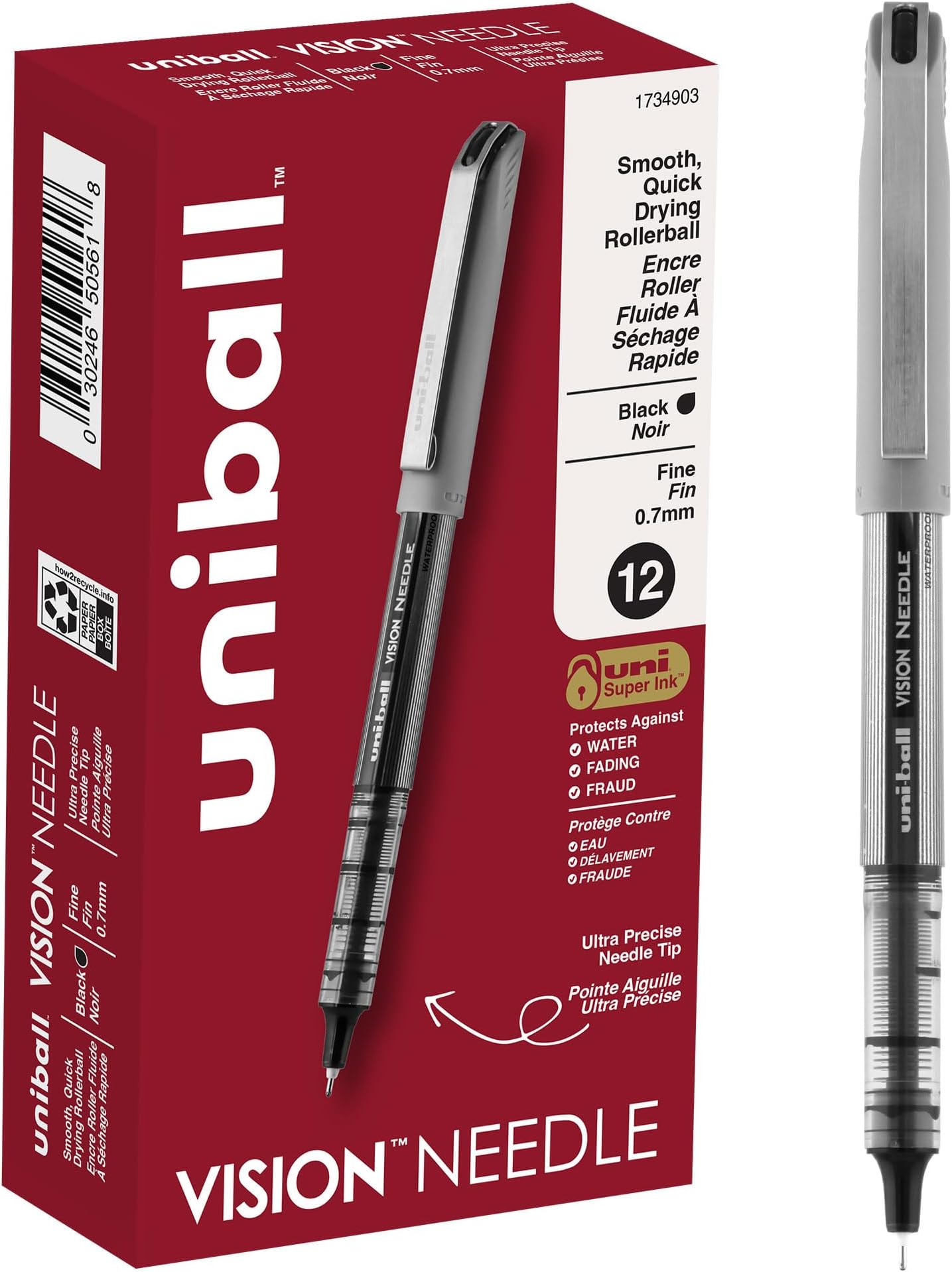 Vision Needle Roller Ball Stick Liquid Pen, Black Ink, Fine, Dozen