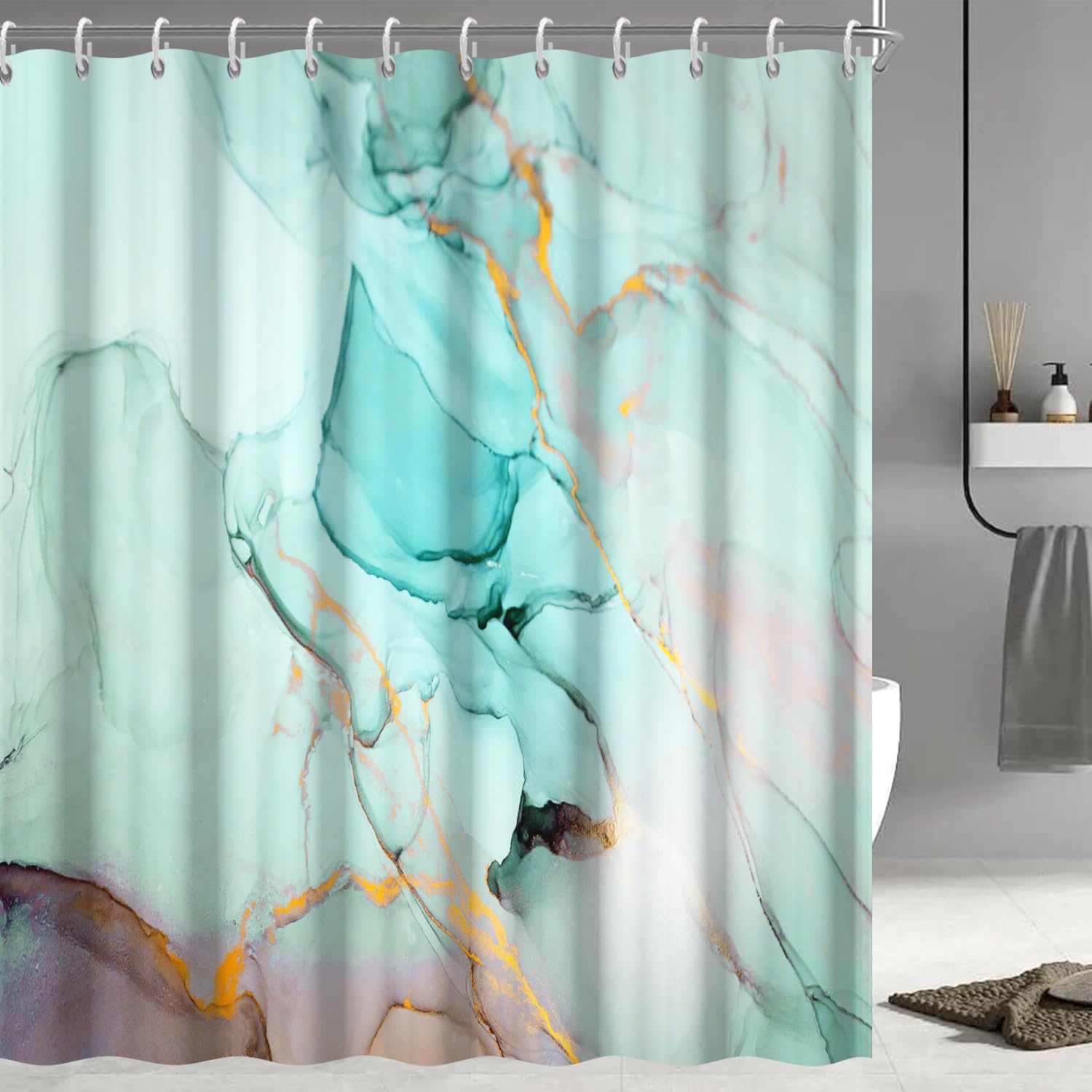 Ruelvth Turquoise Shower Curtain, Modern Teal Marble Shower Curtain for Bathroom Aesthetic Ink Texture Waterproof Shower Curtain Set with Hooks, 72x72