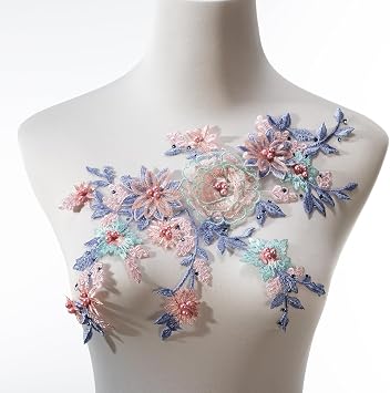 Silvora 3D Embroidered Flower Fabric Beaded Pearl Lace Applique, Handmade Sewing Tool for DIY Wedding Bridal Dress Floral Costume Patch DecorBlue