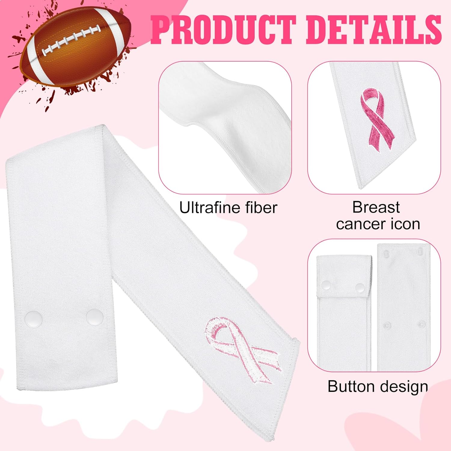 Hahafelt 6 Pcs Football Towel Thin Breast Cancer Sports Thin Towel Pink Ribbon with Buttons Fundraising for Football Accessories Drip Streamer (White)