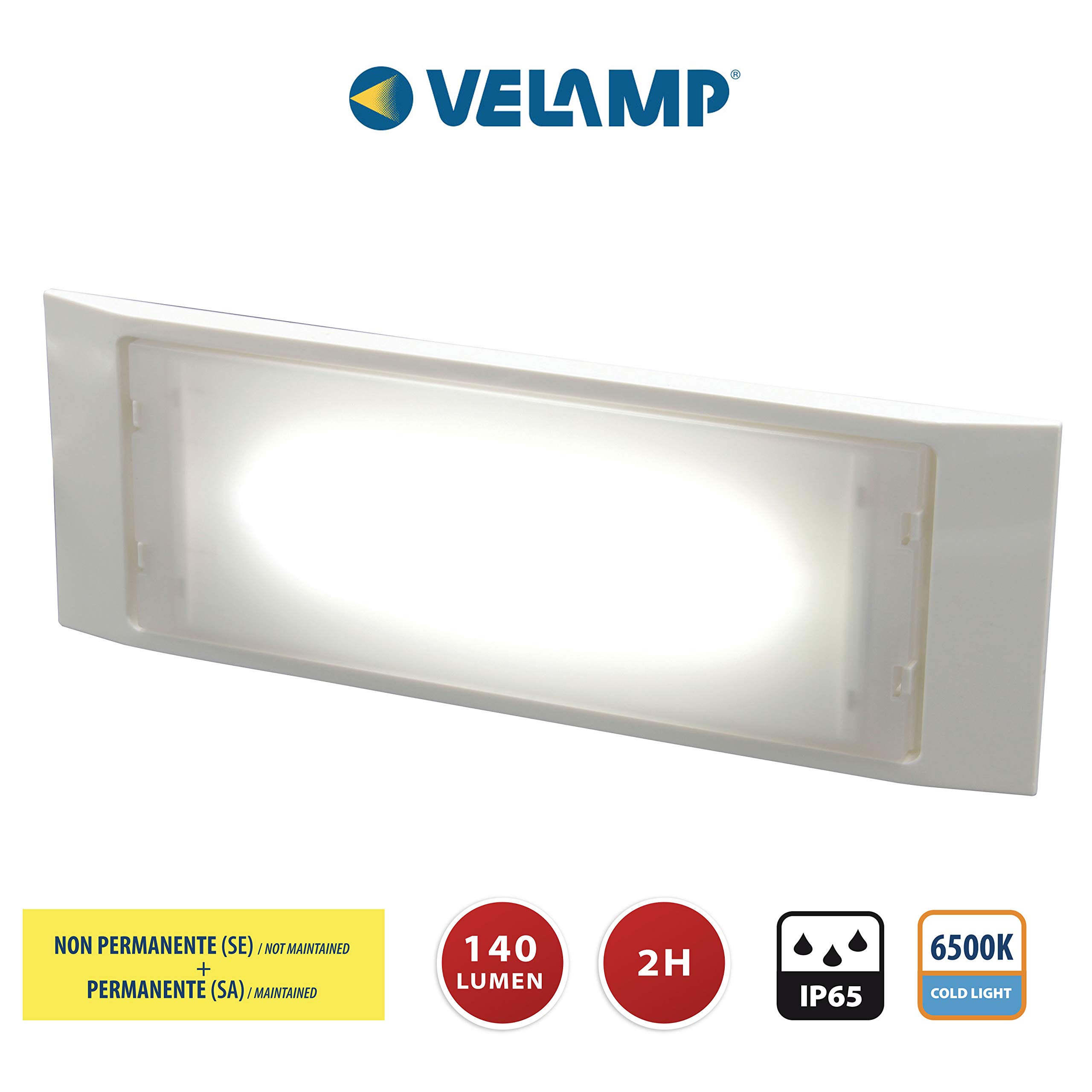 Velamp Holly Lampe d'urgence SA + SE, 140 lumens, autonomie 2 heures. Extra fin : 32 mm d'épaisseur. Intérieur ou extérieur : IP65. Montage en saillie, blanc