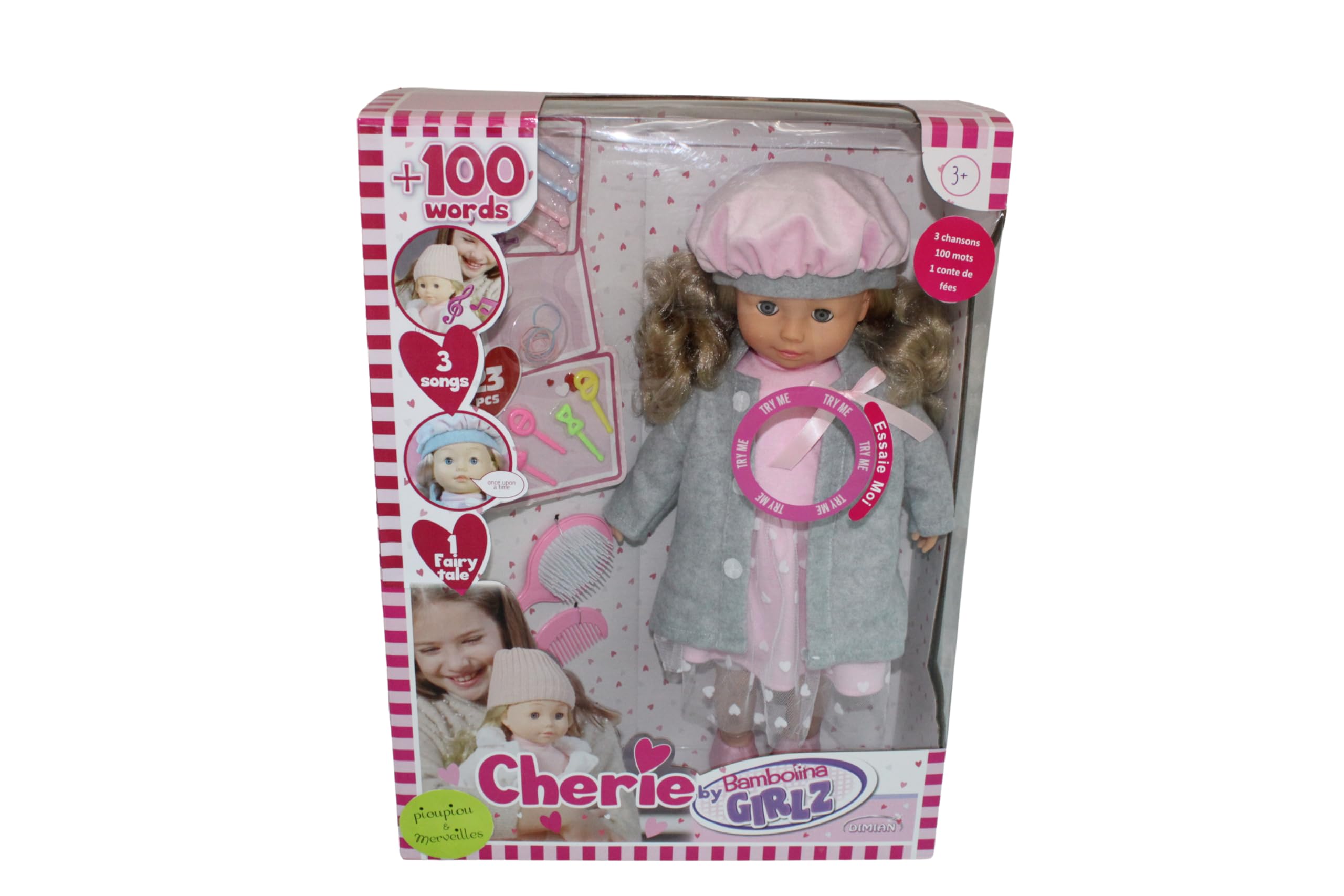 Pioupiou et Merveilles– Dimian– Poupée Bambolina en Manteau Gris – 46 cm – Une poupée Qui Parle, Chante et raconte Cendrillon – 100 Mots et 3 chansons – Accessoires pour Cheveux – Texture Souple