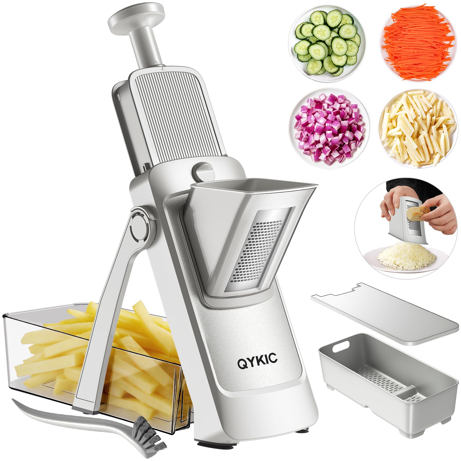 QYKIC Gemüseschneider, ONCE FOR ALL Verstellbar Gemüsehobel Mandoline Vegetable Slicer Kartoffelschneider Zwiebelschneider (Hellgrau)