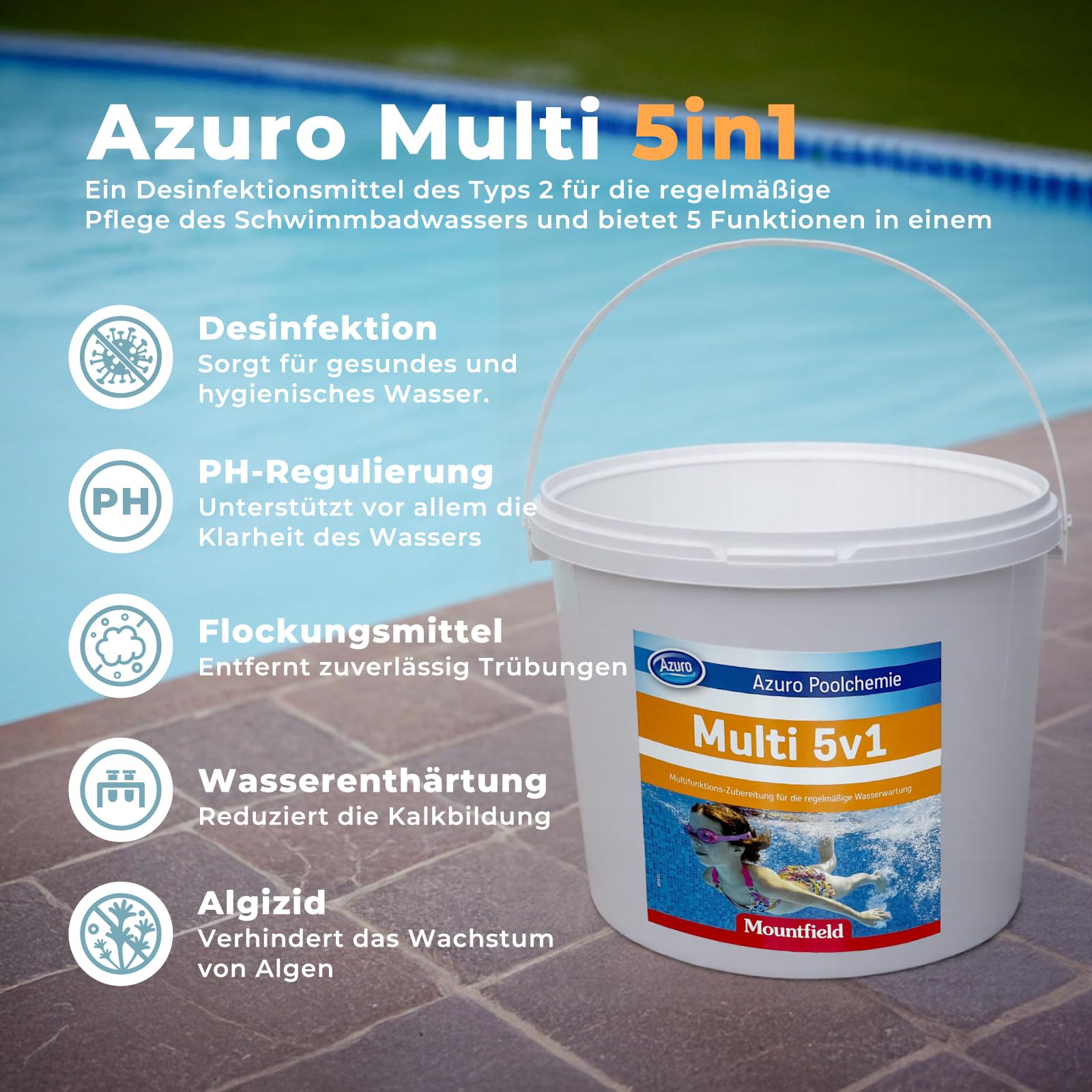 Azuro Multi 5in1 Chlortabletten für Pool – Pooltabs Multitabs 5 in 1 mit Chlor – Desinfektion, pH-Regulierung, Flockung, Wasserenthärtung & Algenverhütung – 100% (5 KG)