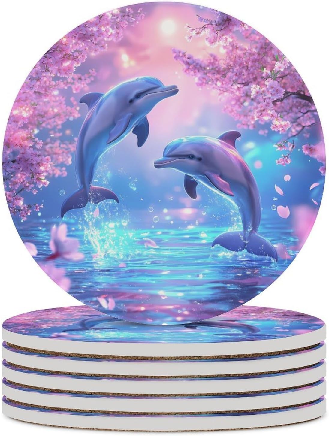 Dolphins Flowers Jumping Funny Round Ceramic Coasters for Drink Absorbent Cup Holders Tabletop Protection