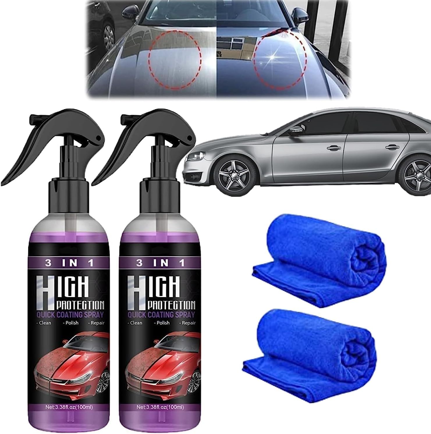 3 in 1 High Protection Car Quick Coating Spray, 3 in 1 Ceramic Car Coating Spray, Nano Polishing Car Wax Polish Spray, Plastic Parts Refurbisher, Waterless Car Wash Cleaning Spray