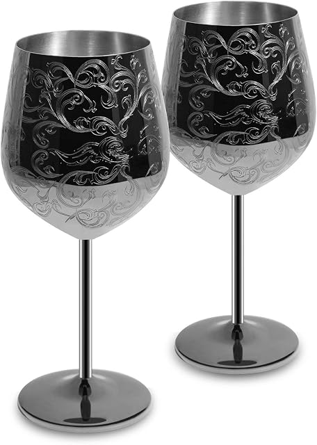 SKYFISH Stainless Steel Wine Glasses, Red Wine Goblets Set of 2, Black Plated and Etched with Intricate and Authentic Baroque Engravings, Royal Style Wine Cups,17oz (Handwash only!)