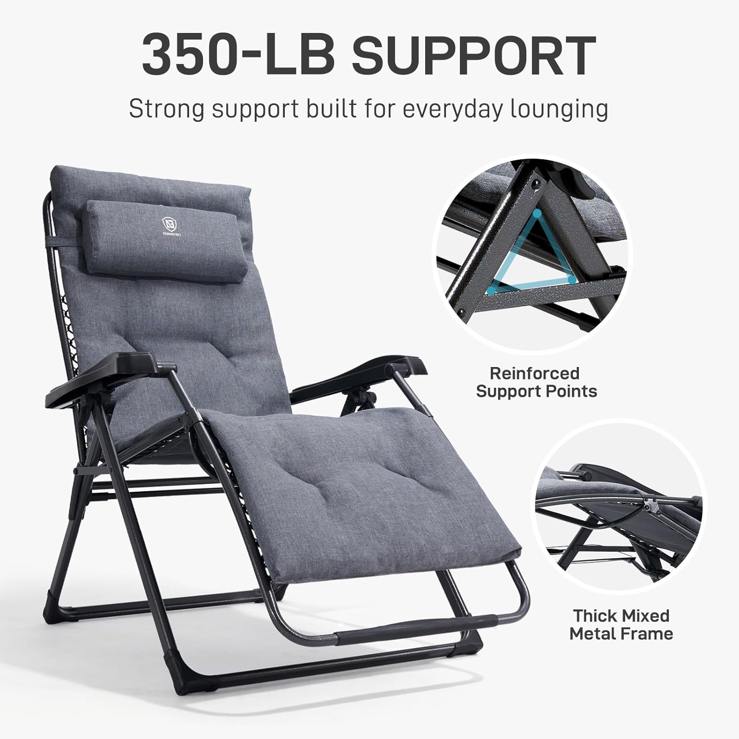 EVER ADVANCED Thick Padded Zero Gravity Chair, Oversized Reclining Lounge Chair with Adjustable Headrest & Cup Holder, Heavy Duty Support 350 lbs, Foldable for Camping, Lawn, Outdoor & Indoor