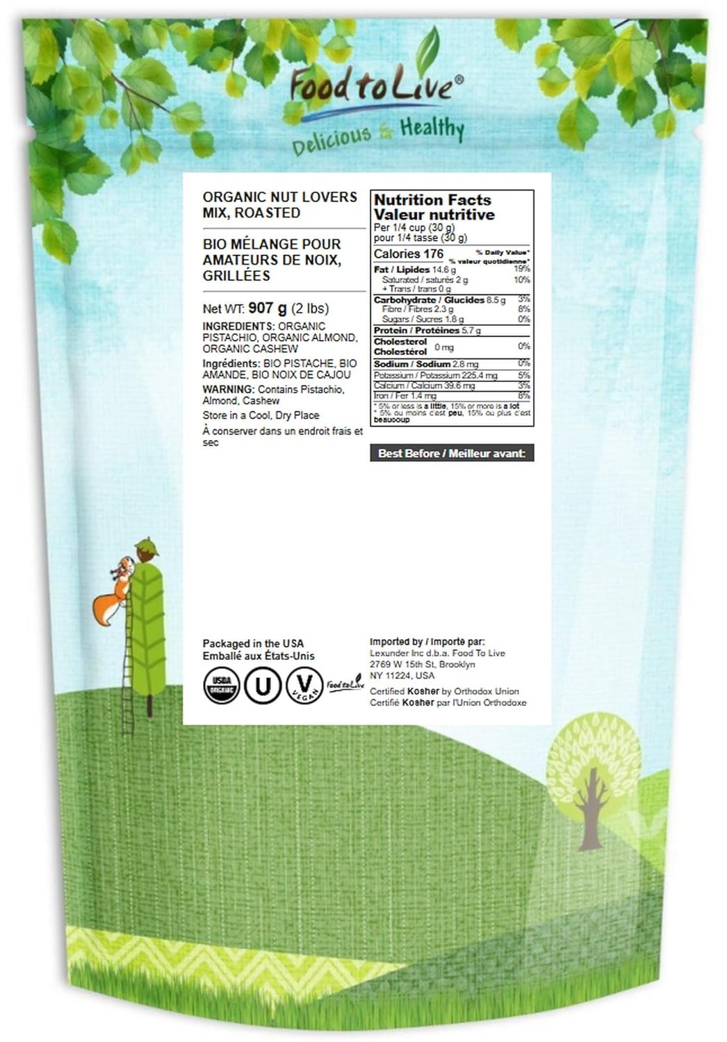 Food to Live Organic Dry Roasted Nut Lovers Mix, 2 Pounds – Oven Toasted Pistachios, Almonds and Cashews Blend. No Salt Added. Trail Snacks for Adults and Kids. Vegan, Kosher, Bulk