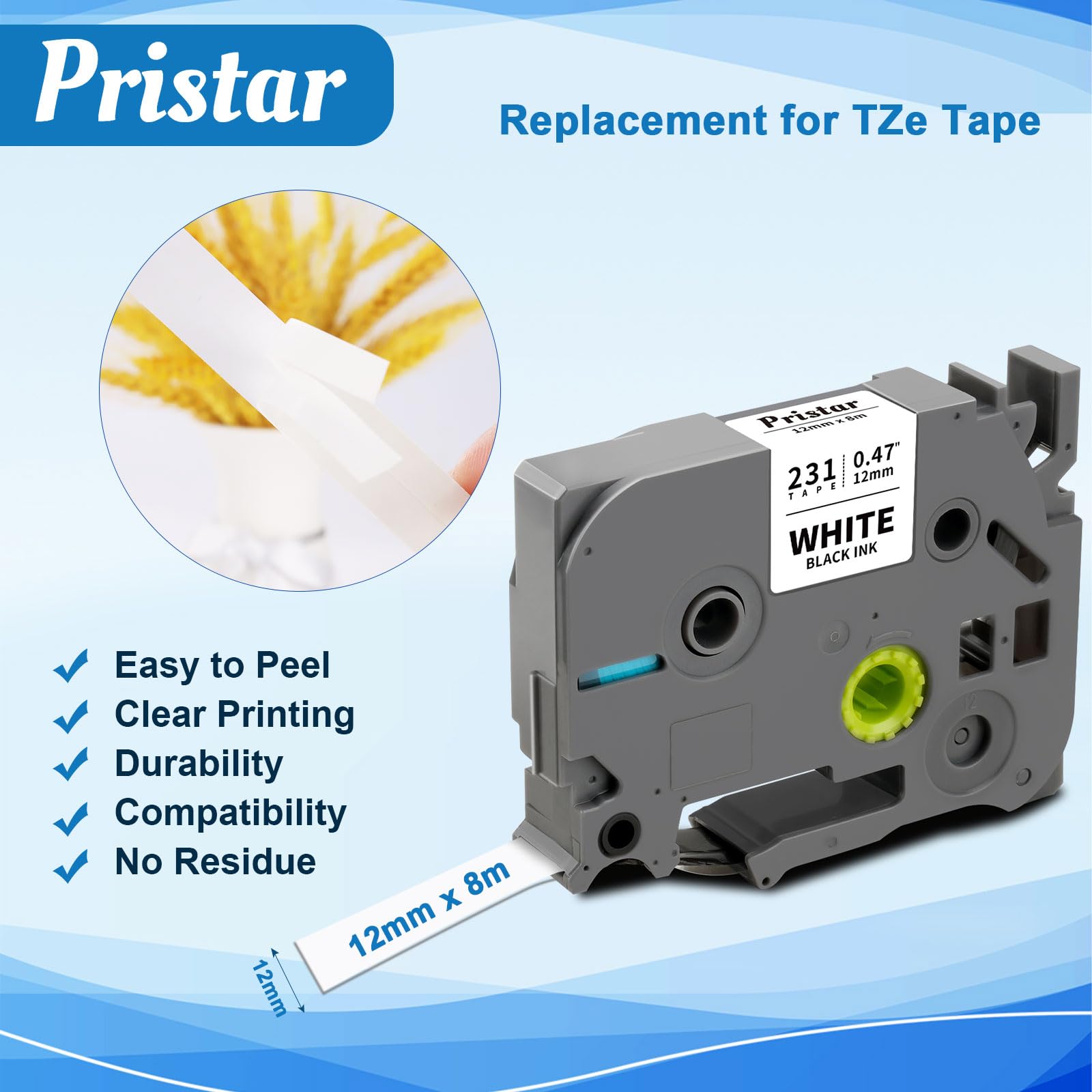 Pristar Compatible TZe-231 Label Tape Replacement for Brother Label Printer Tape 12mm 0.47 TZe231 TZc231 for Brother PT-H100LB PT-H101C PT-H105 PT-H110 PT-H107B PT-1000 PT-1080 - Image 2