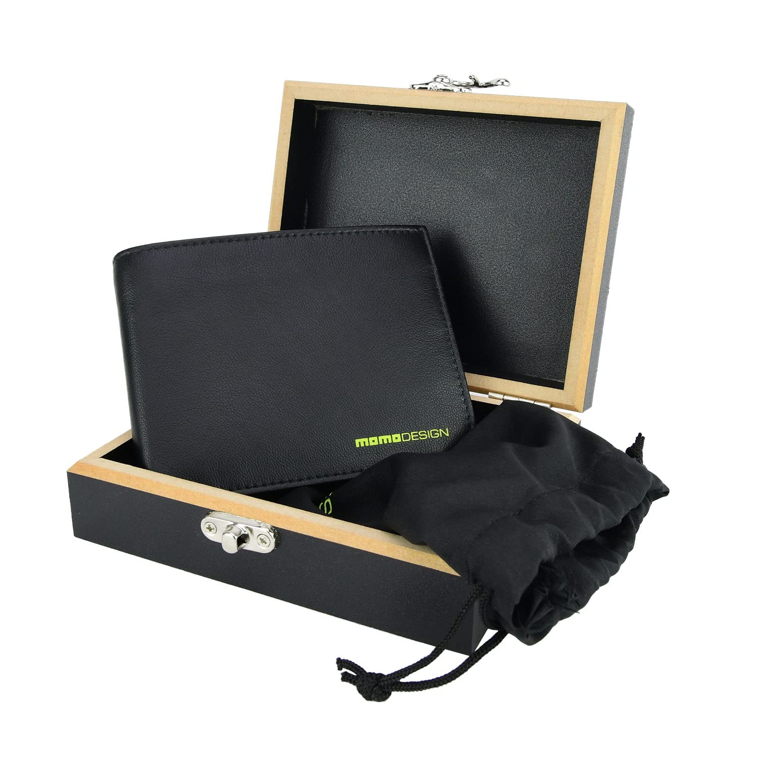 MOMO Design Cartera de Piel Genuina para Hombre, CLÁSICA, con Protección RFID, Caja de Regalo de Madera