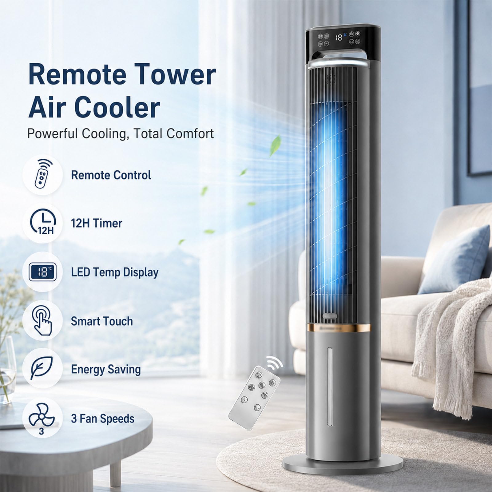 Aire Acondicionado Portátil, Climatizador con 3 Velocidades, Timer 12h | Ventilador de Torre Silencioso con Acumuladores de Hielo, Humidificador, Pantalla Táctil, Mando y Oscilación