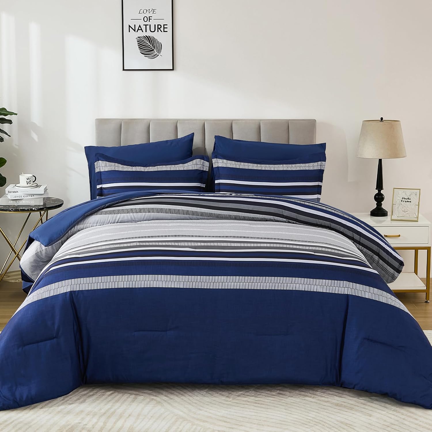 Dobuyly Navy Blue Queen Comforter Set 7 Pieces, Boho Striped Bed in a Bag Queen Size Soft Microfiber All Season Bedding Set with Comforter, Sheets, Pillowcases & Shams - Image 2