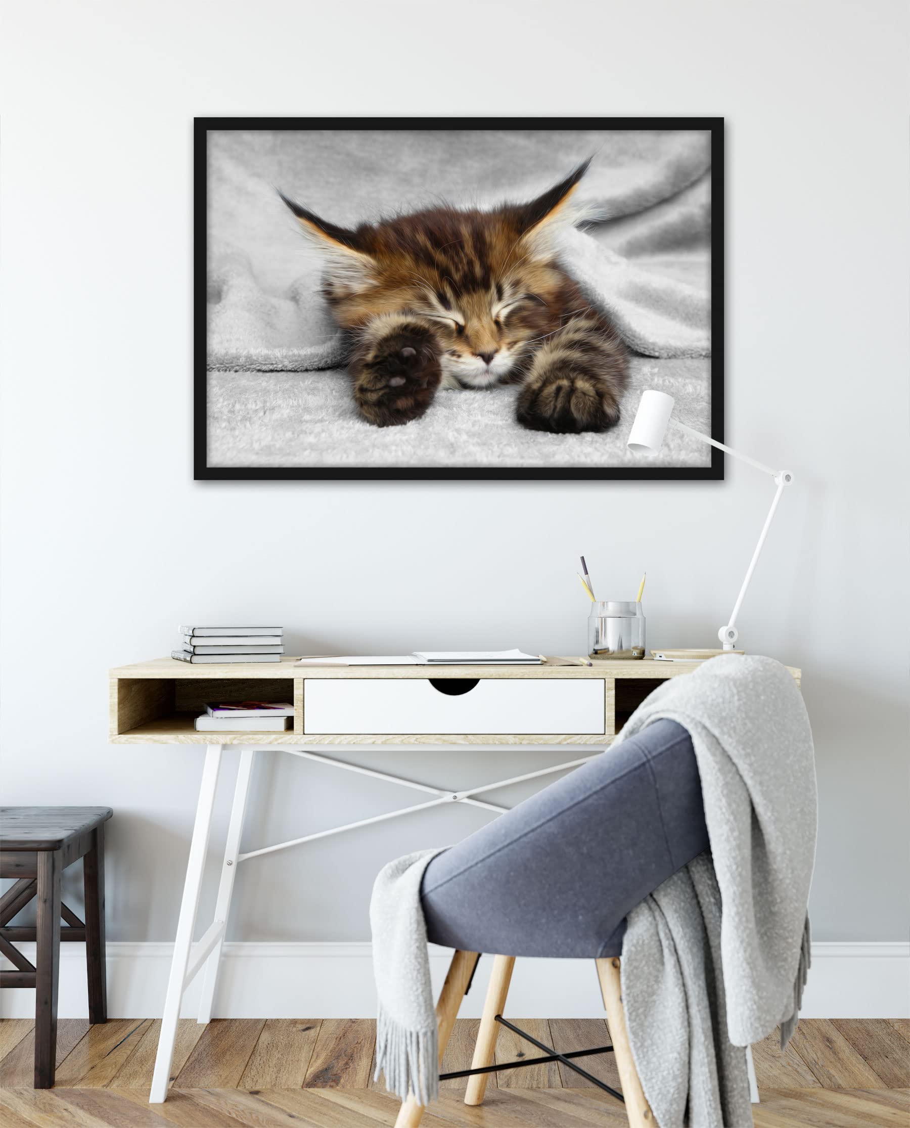 Poster a forma di gatto con orecchie grandi, formato 100 x 70 cm, stampa artistica incorniciata