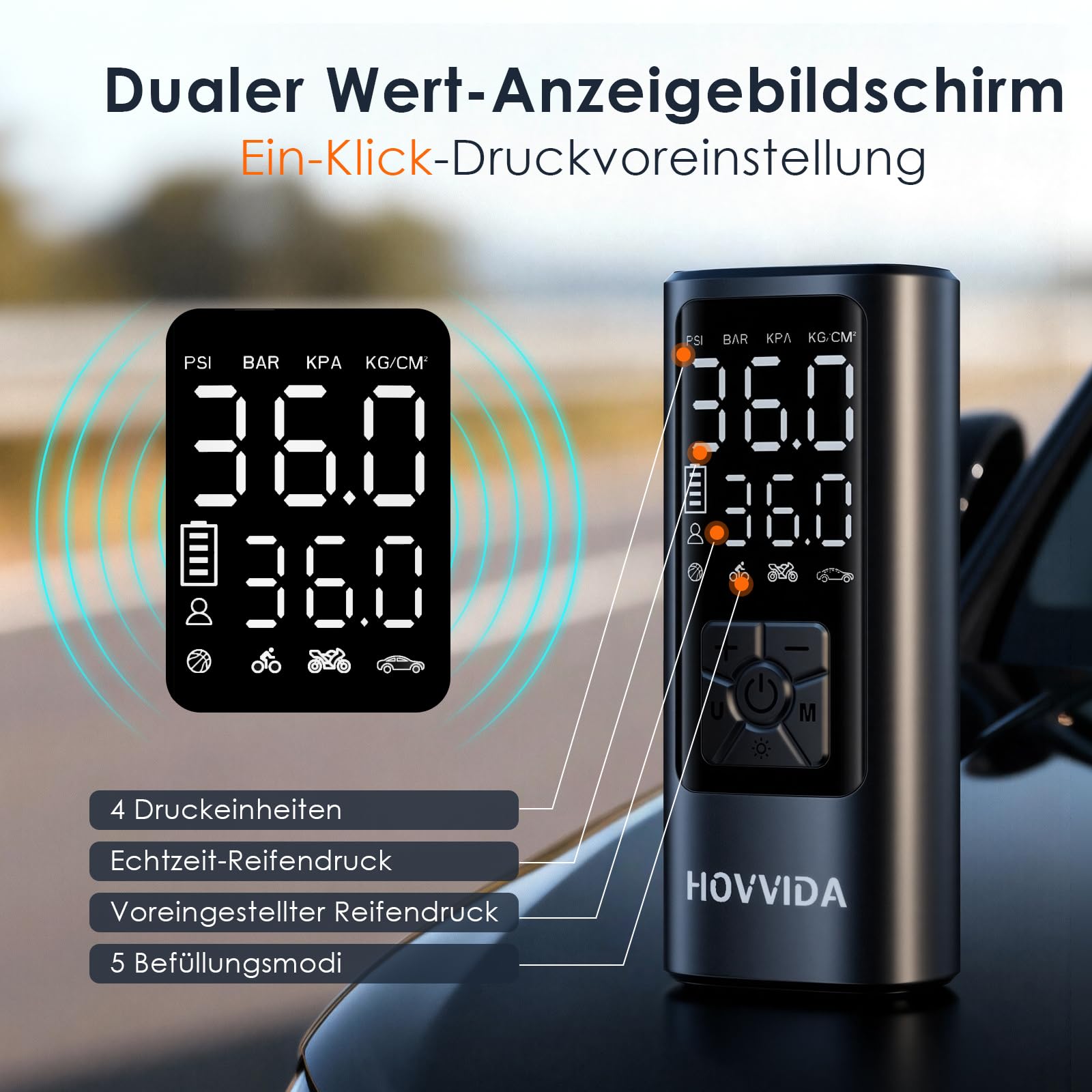 HOVVIDA Elektrische Luftpumpe, 10,3 bar Fahrradpumpe, Digitale Akku-Luftpumpe mit Druckvoreinstellung & Auto-Abschaltung, Wiederaufladbar, Luftpumpe für E-bike, Auto, Fahrrad, Motorrad, Bälle