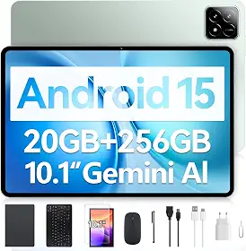 Tablet Xixaomiro S11 Pad 10.1" Android 15, 256GB ROM + 20GB RAM, Tela 120Hz, Octa-Core, Câmera 13MP + 5MP, Bateria 8000mAh, Kit com Teclado, Mouse e Caneta Stylus para Trabalho e Estudos (Verde)