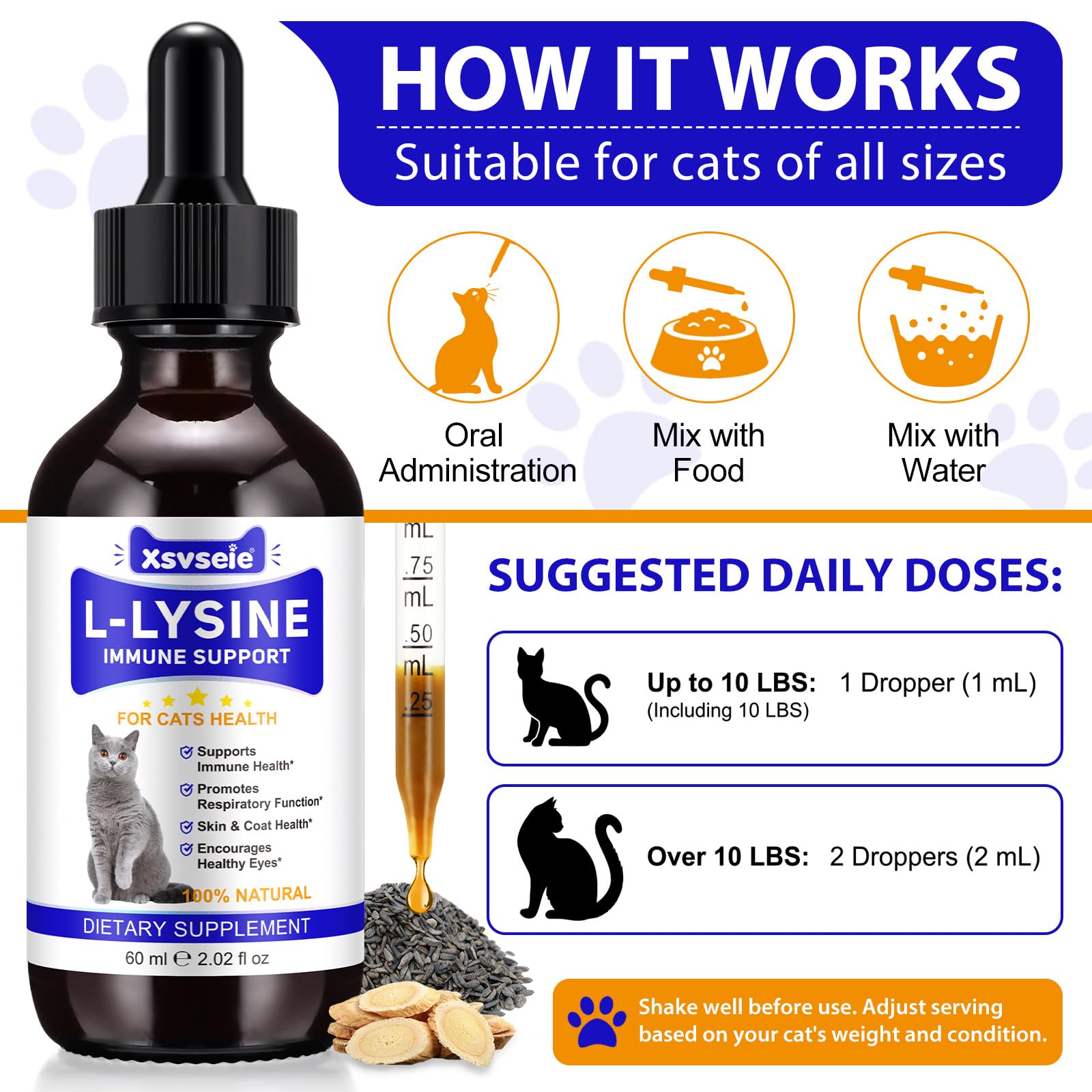 L-Lisina para Gatos, 60ML Lisina Gatos Aliviar Alergias en Gatitos, Estornudos, Gripe Felina, Antibióticos para Gatitos con Vitaminas y Minerales