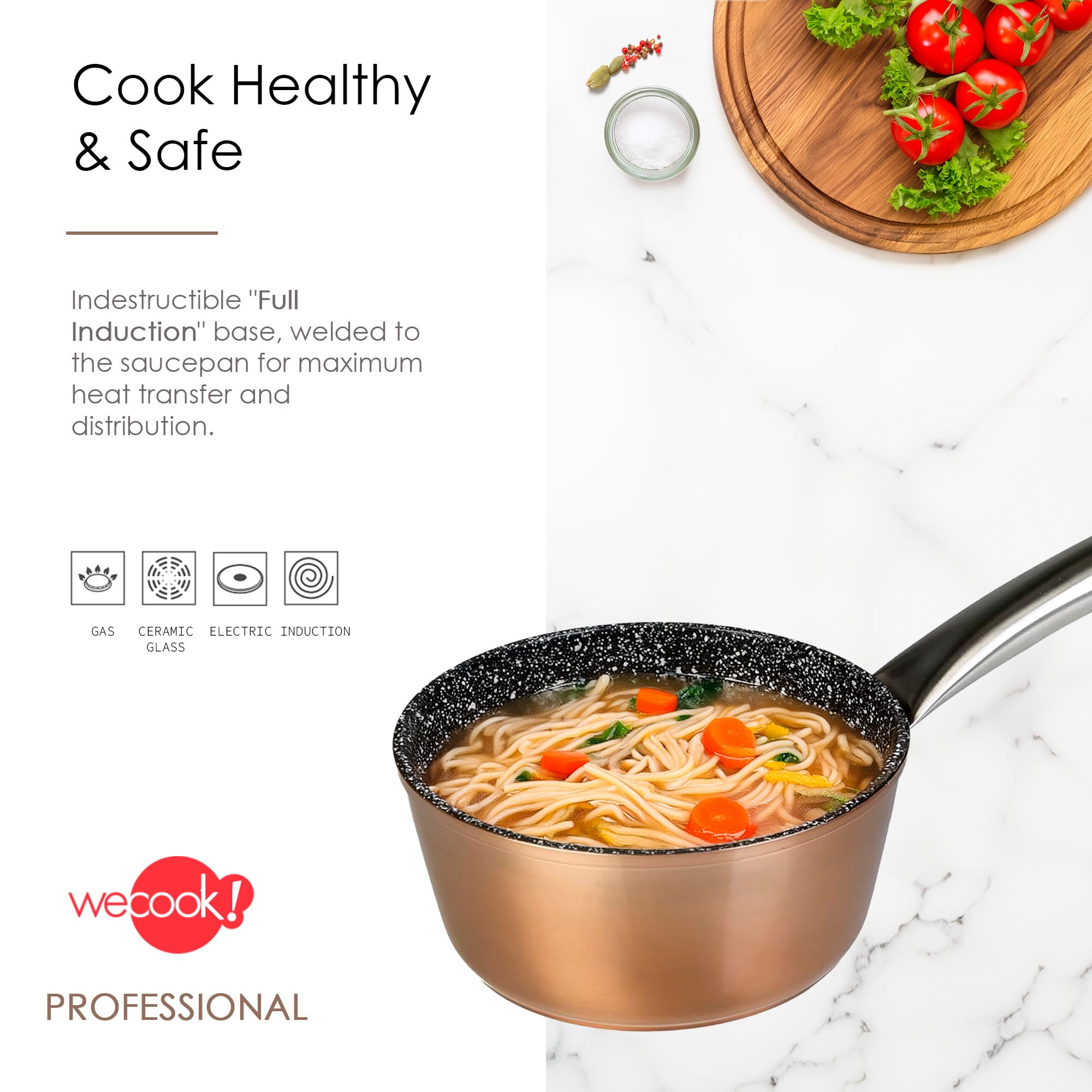WECOOK! Professional Cazo Inducción 14 cm, Antiadherente Ecológico sin PFOA, Aluminio Forjado, Color Cobre, 2,8 mm Espesor, Asas de Acero Inoxidable, Vitrocerámica, Gas, Horno, Lavavajillas