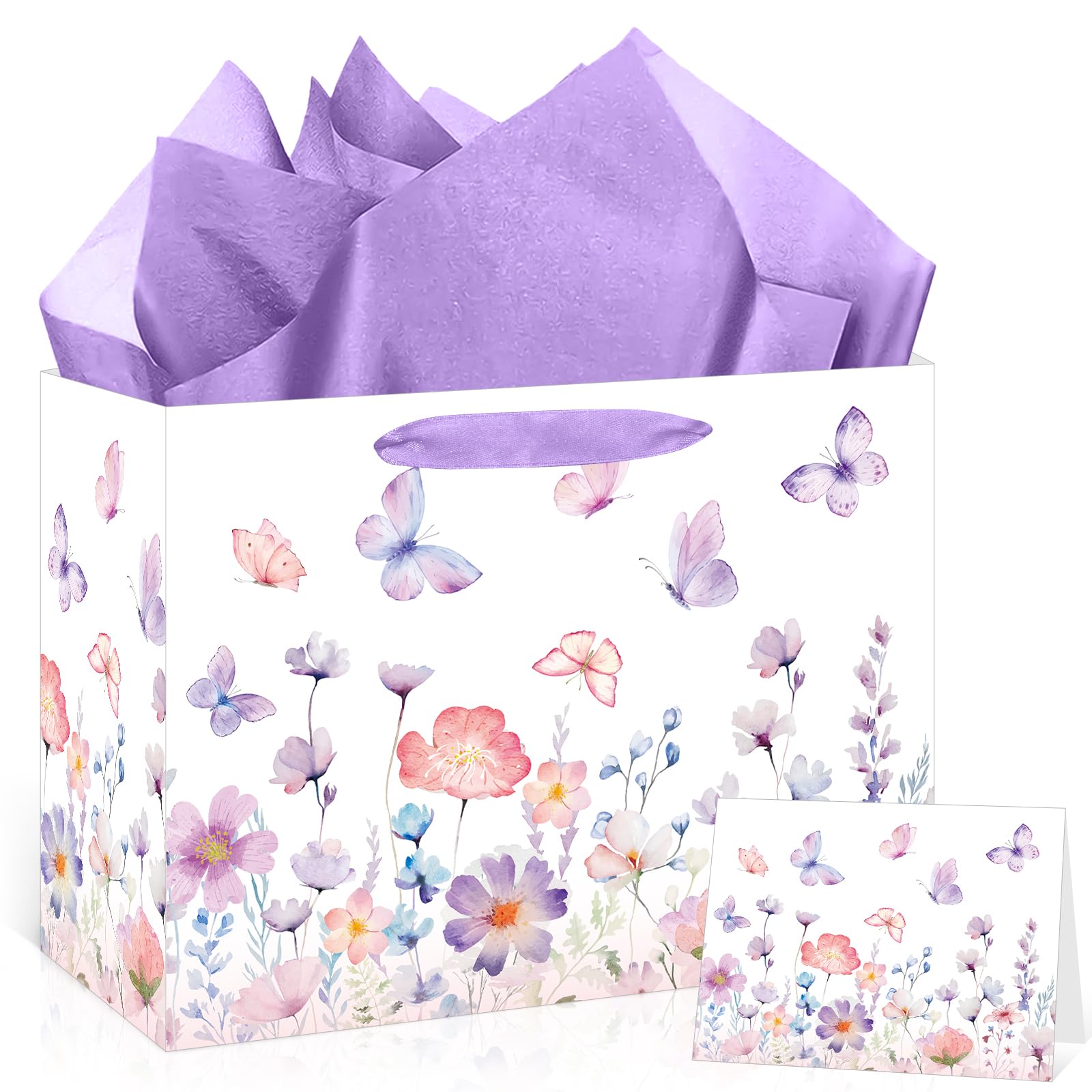 Purple Butterfly Gift Bag for Women Girls Purple Floral Birthday Party Favors Bags with Wrapping Tissue Paper and Greeting Card for Birthday Wedding Shower Party Supplies