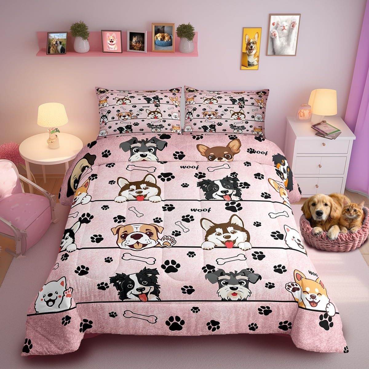 Manfei Cute Dog Twin Size Comforter Set,Cartoon Puppy Pet Animals Quilt Set Soft Bed Collection,Black Paw Bone Print Pink Bedding Comforter for Boys Girls Room Decor,2 Pcs