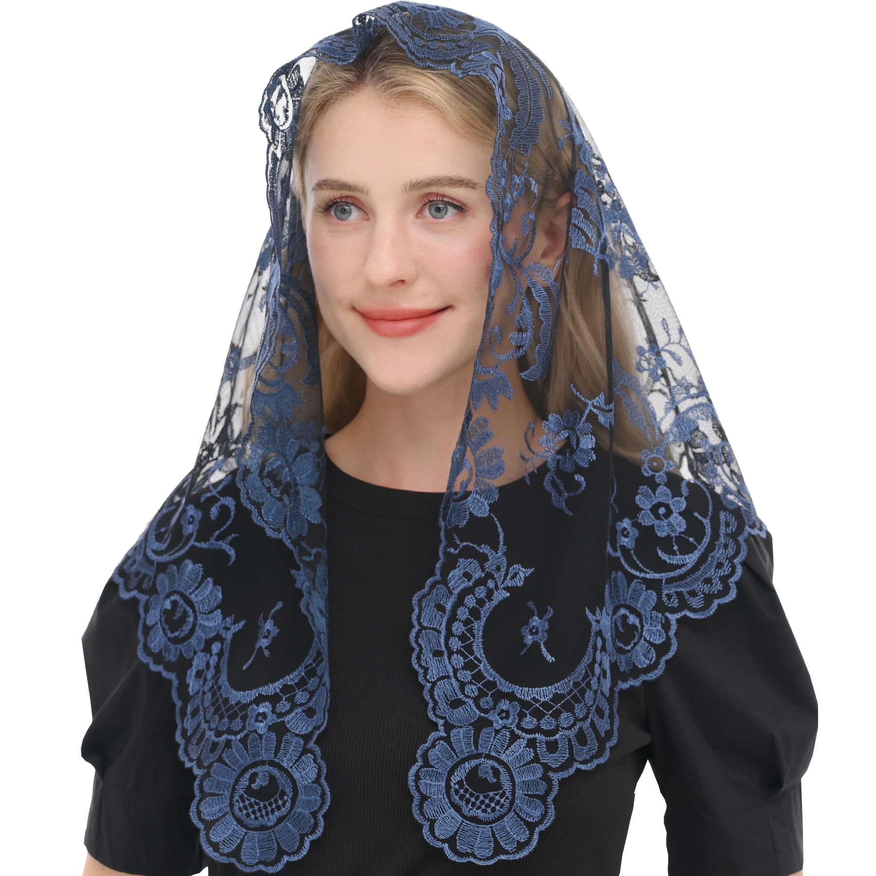 Spanish Mantilla Women's Blue&Black Embroidery Lace Veils Catholic Church Mantillas Chapel Scarf Lace Mass, 120Cm*60Cm