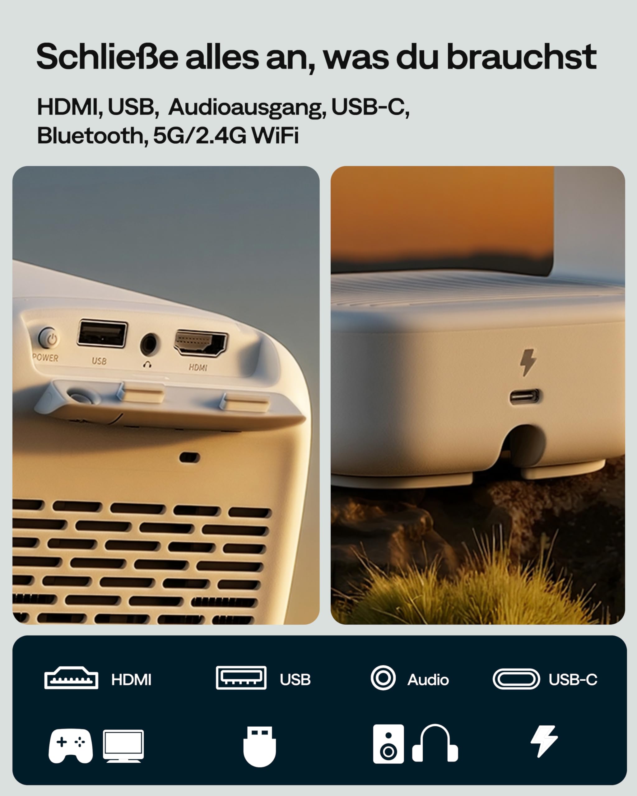 Aurzen D1 air Smart Beamer mit Netflix, 16W Dolby Audio, Beamer Outdoor 1080P mit HDR10 & 4K-Unterstützung, 180° Drehbar Mini Tragbarer Projektor mit USB-C PD, TOF-Autofokus, Trapezkorrektur, Weiß