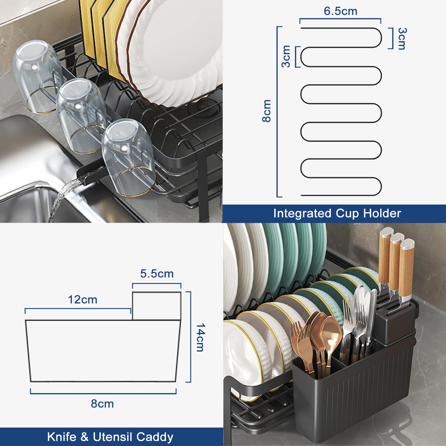 Escurreplatos de vajilla – Escurreplatos ajustable con canalón giratorio 360° y bandeja de goteo extraíble – Organización de cocina para espacios pequeños (negro)