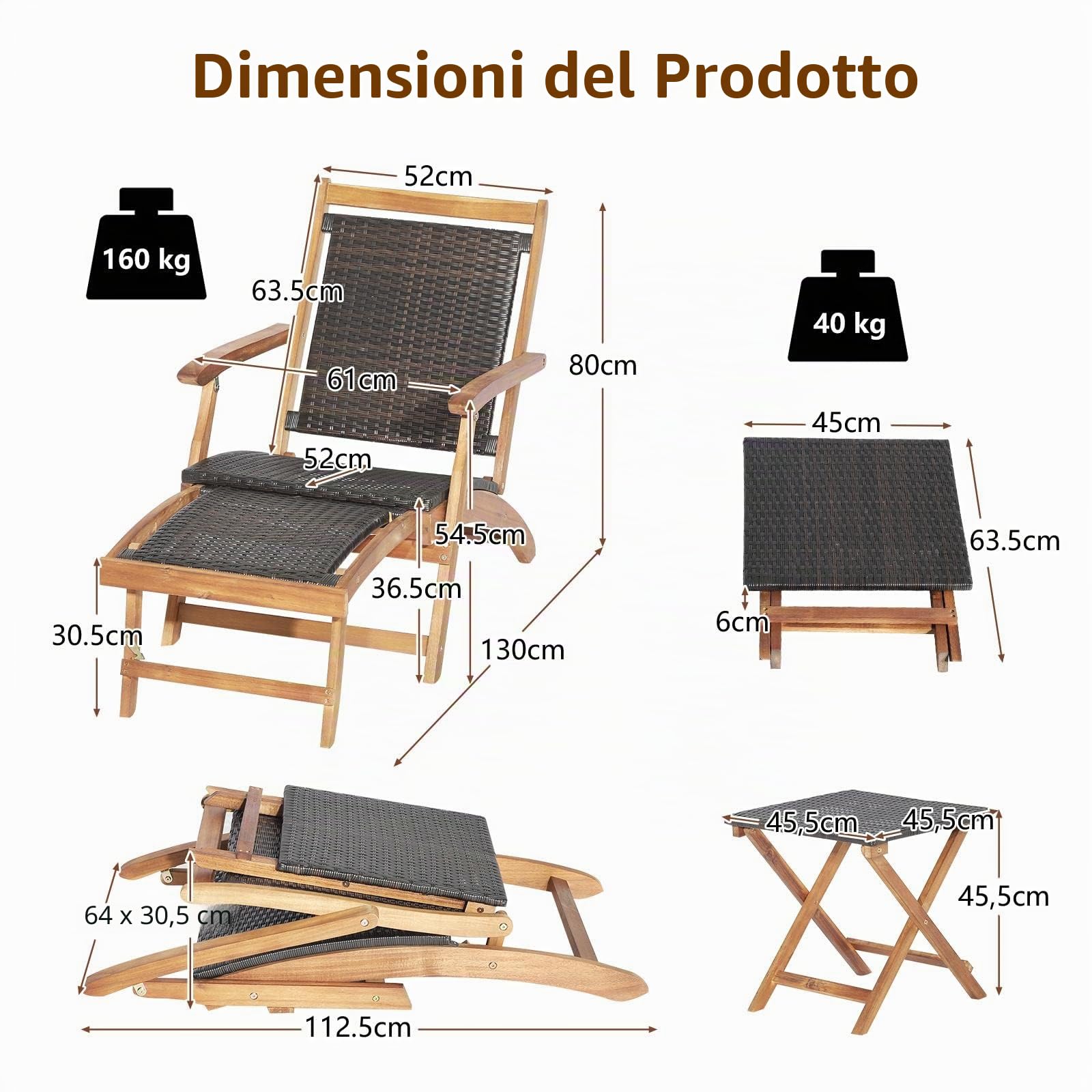 KOMFOTTEU Set Pieghevoli da Giardino in Rattan con Sedia Sdraio e Tavolino